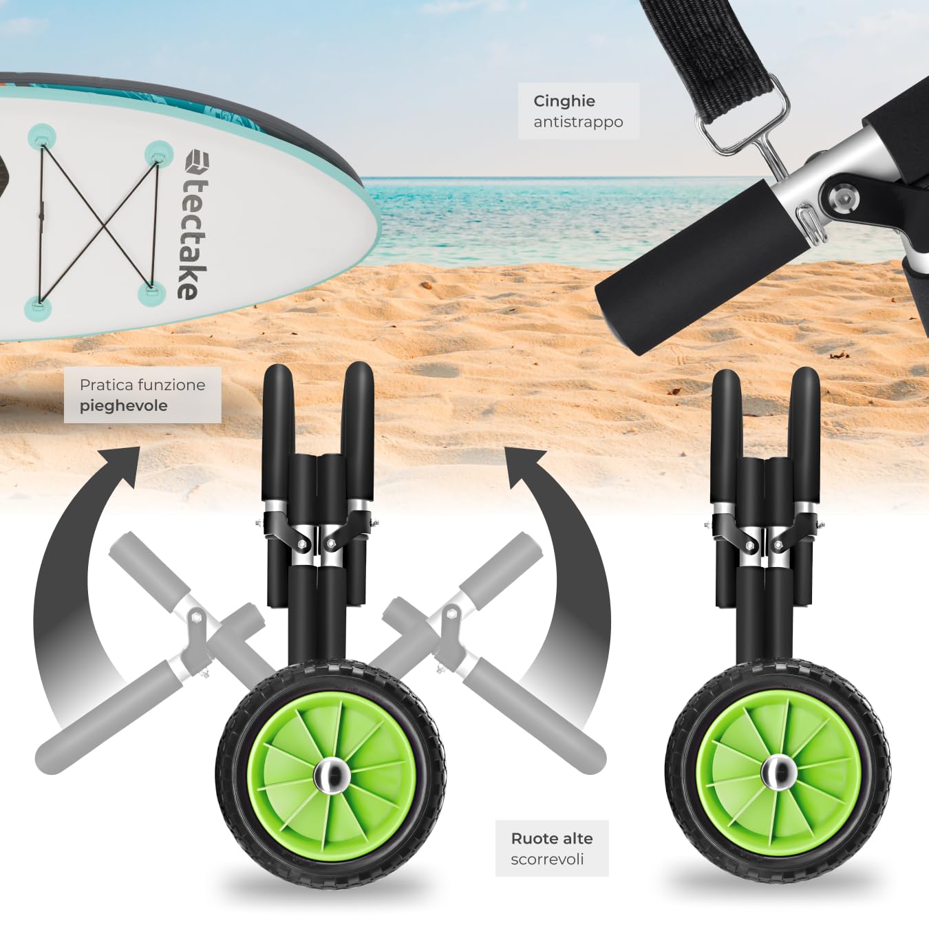 tectake® Carrello da Trasporto Tavola Surf, Carrello Pieghevole con Ruote Portatutto, Trolley Porta Tavola Surf, Kayak, Sup, Stand Up Paddle, Tavole Gonfiabili, In Alluminio con 2 Cinghie - Nero/Verde