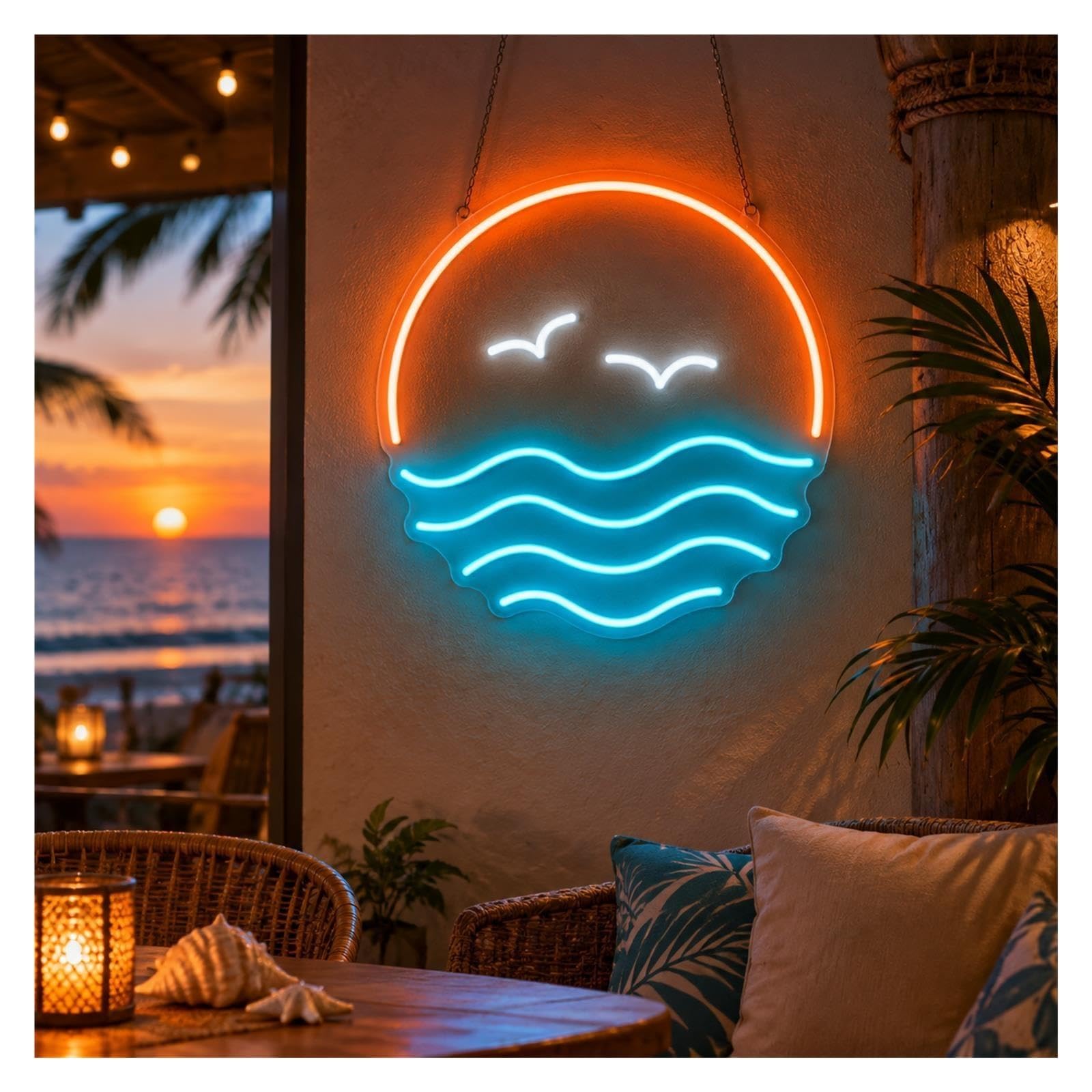 Insegna al Neon Insegna Al Neon Dei Gabbiani Dell'oceano Di Tramonto