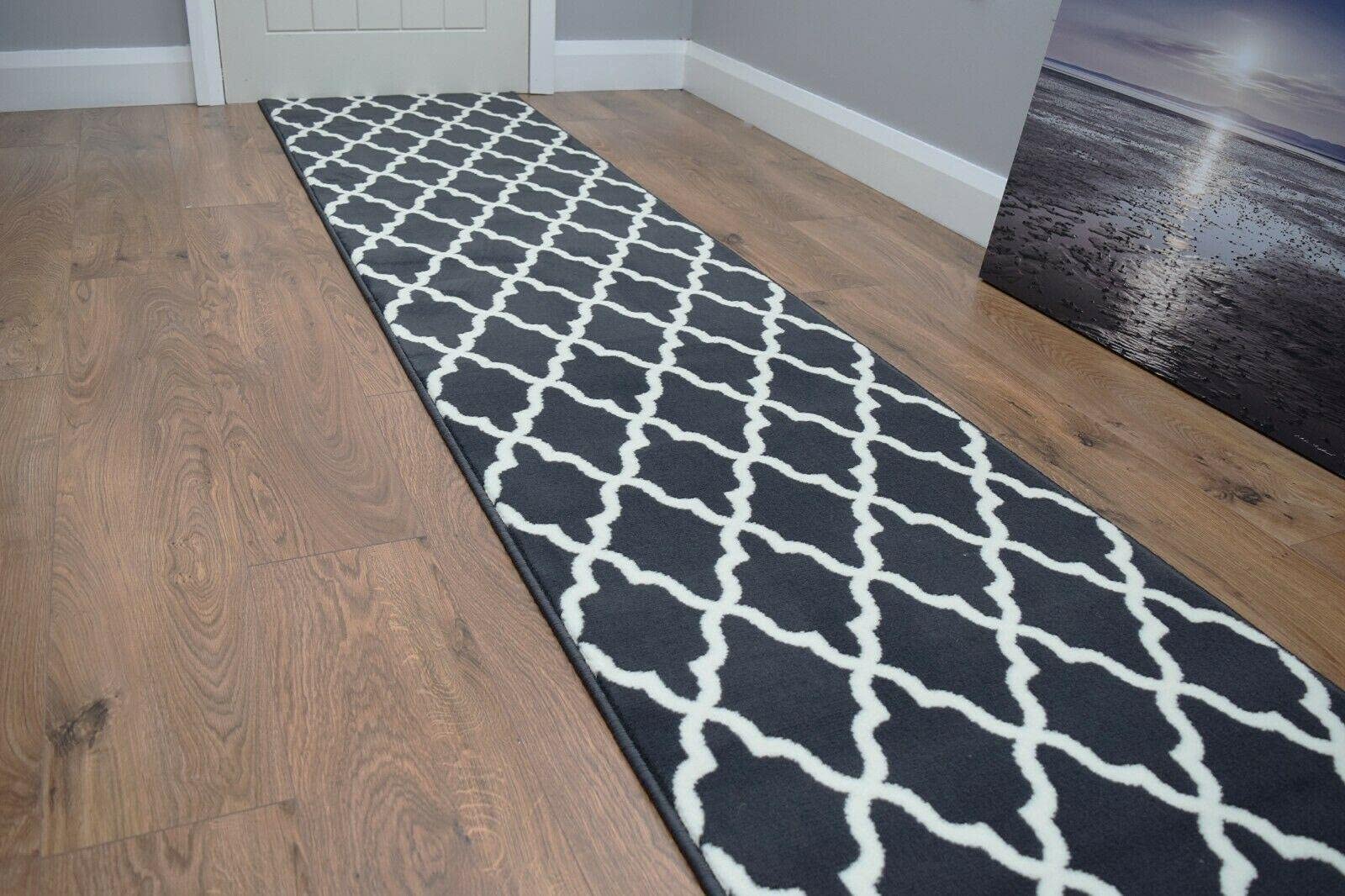 SrS Rugs® Luna Collection, Modern Long Carpet Runner Rug for Entrance Hall and Stairs. Smooth Soft 8mm Depth Pile. 70cm Wide. Any length (Dark Grey Trellis, Length: 30' (914cm)) — image 1