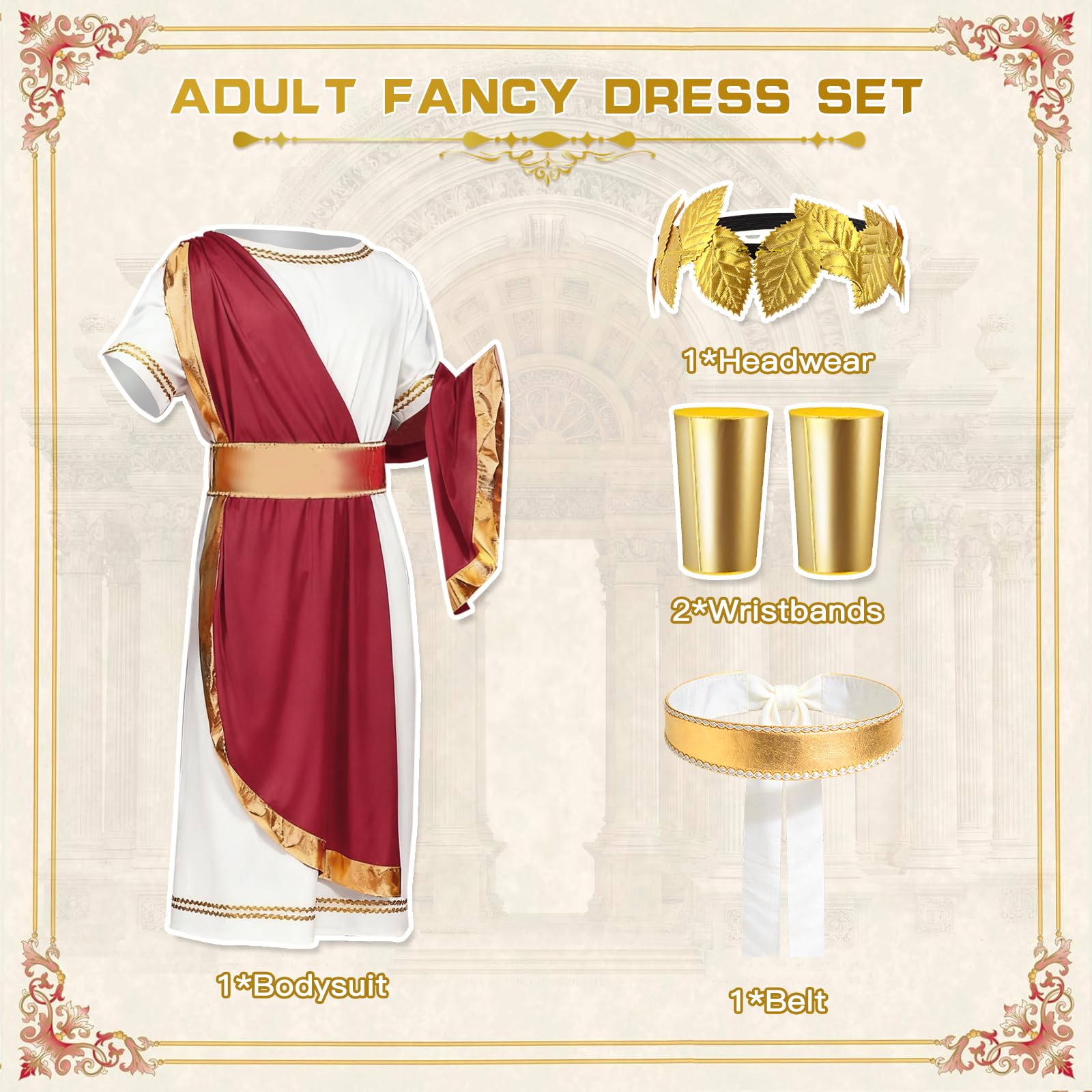 Costume Romain pour Homme, Costume de Dieu Grec pour Homme avec Toge Romain, Bandeau, Bandoulière, Déguisements de Carnaval pour Adultes, Costume Romain pour Fêtes Carnaval Halloween