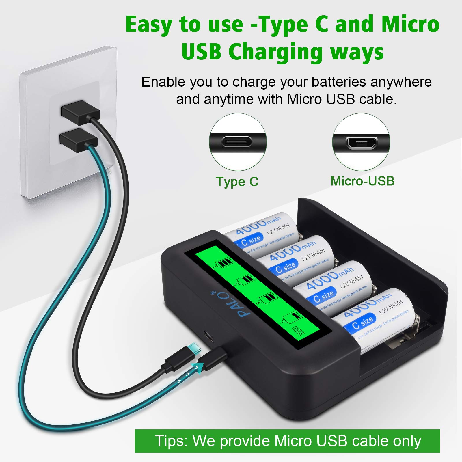 CITYORK Akku LCD Ladegerät Set - Für AA AAA C D Akkus NI-MH/NI-Cd Akkus - mit NI-MH C 5000mAh Akkus (4 Stück)