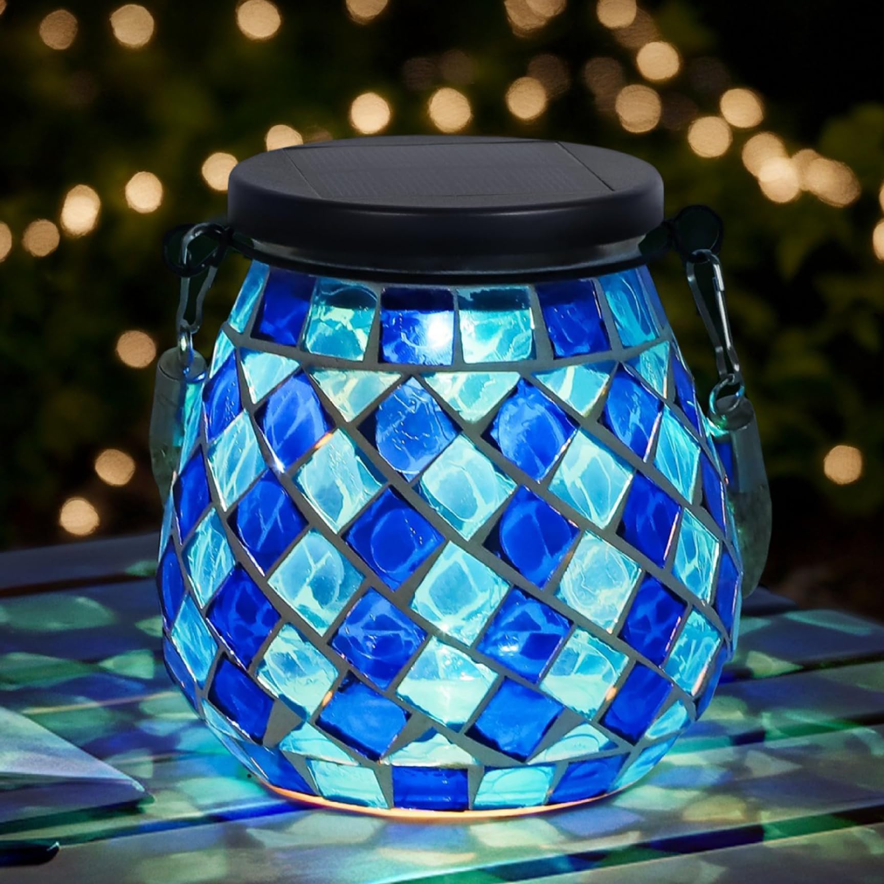 Lanterne solaire étanche automatique en verre mosaïque bleu suspendue