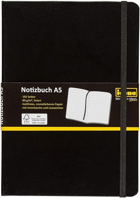 Idena 209284 - Notebook DIN A5, FSC mix, lined, cream-colored paper, 192 pages, 80 g / m & sup2 ;, hardcover in black, 1 piece