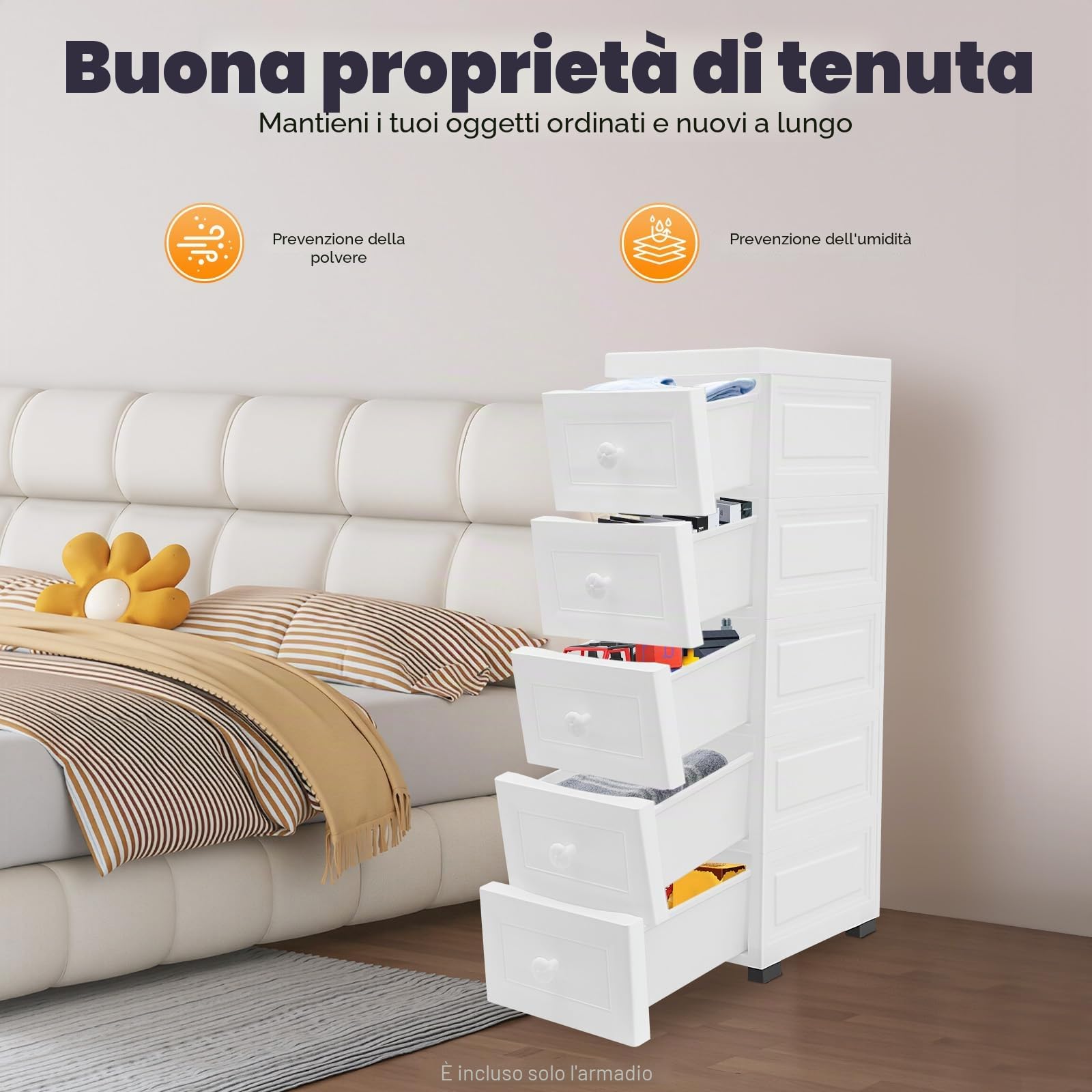 Mobiletto con 5 cassetti in plastica con ruote - Torre portaoggetti con cassetti - Per bagno, aula, studio, soggiorno - Bianco
