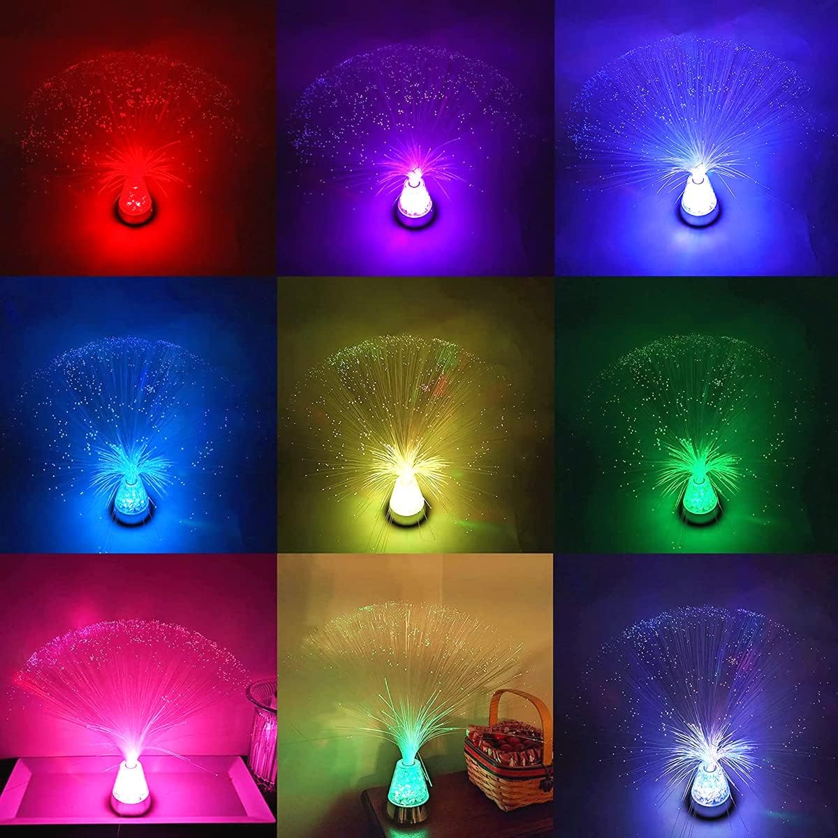 2 Pcs Color Changing Fiber Optic Lamp Multi-Sensory Light with Cone Base Illuminated Crystals Sensory Mood Ice Lighting for Room Wedding Christmas Party Holiday Decoration (2 piece battery operated)