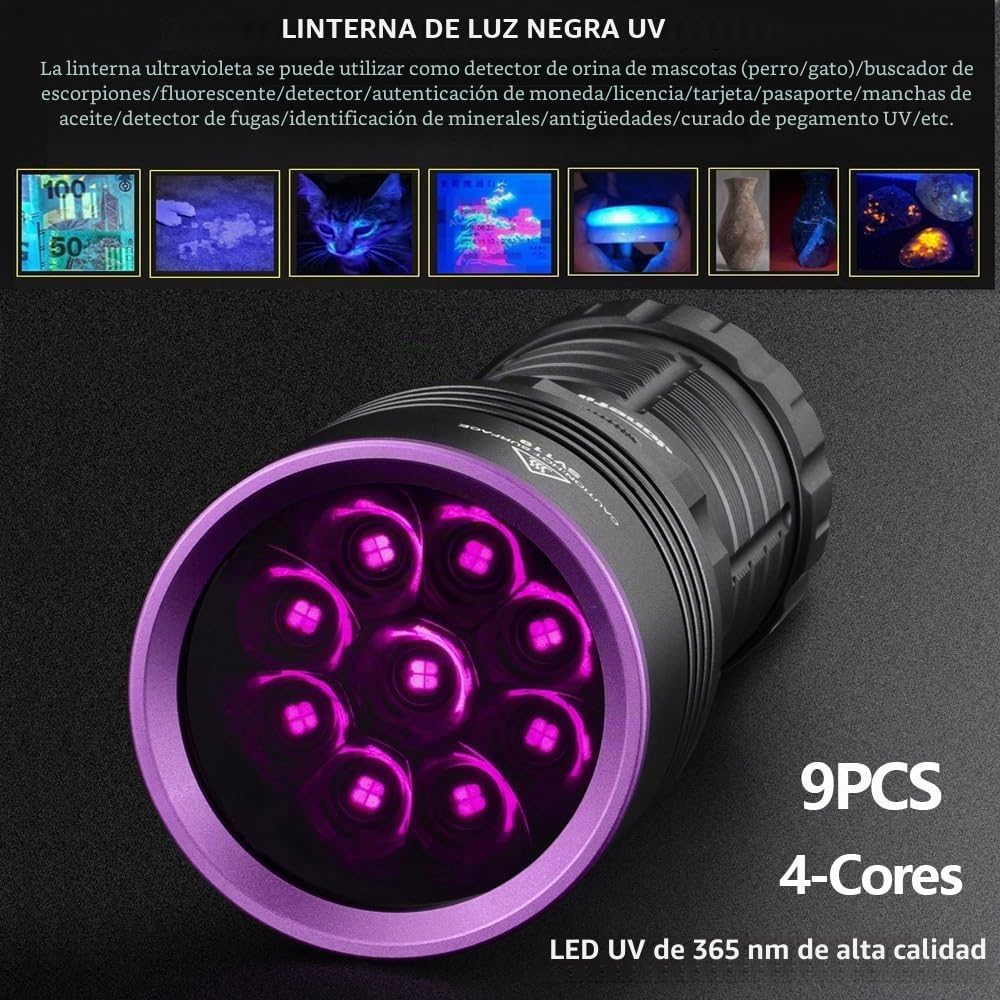 Alonefire SV119 Linterna UV 90W 365nm Profesional Recargable USB C Potente Pantalla Digital Luz Negra para Resina, Pesca, Escorpión, Minerales, Pegamento, Ámbar con Gafas Protectoras UV, Batería