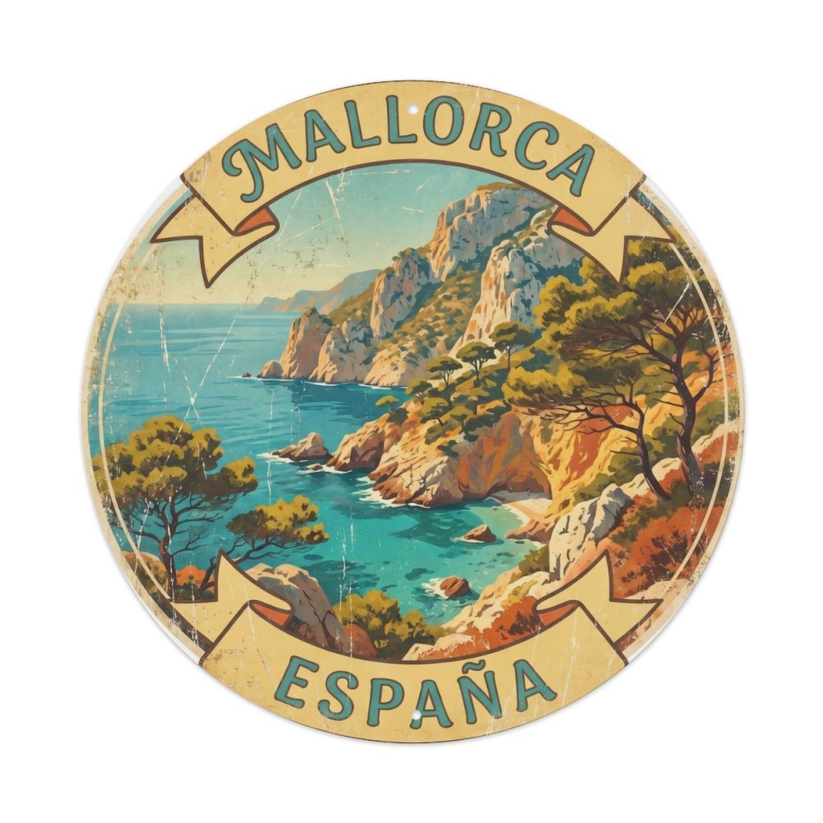 Mallorca Balearic Island Historic Tourism Classic Destination Metal Tin Sign Plaque Wall Decor for Cafe, Man Cave, Club Bar, Office, Home Garden Round Metal Poster 8x8Inch
