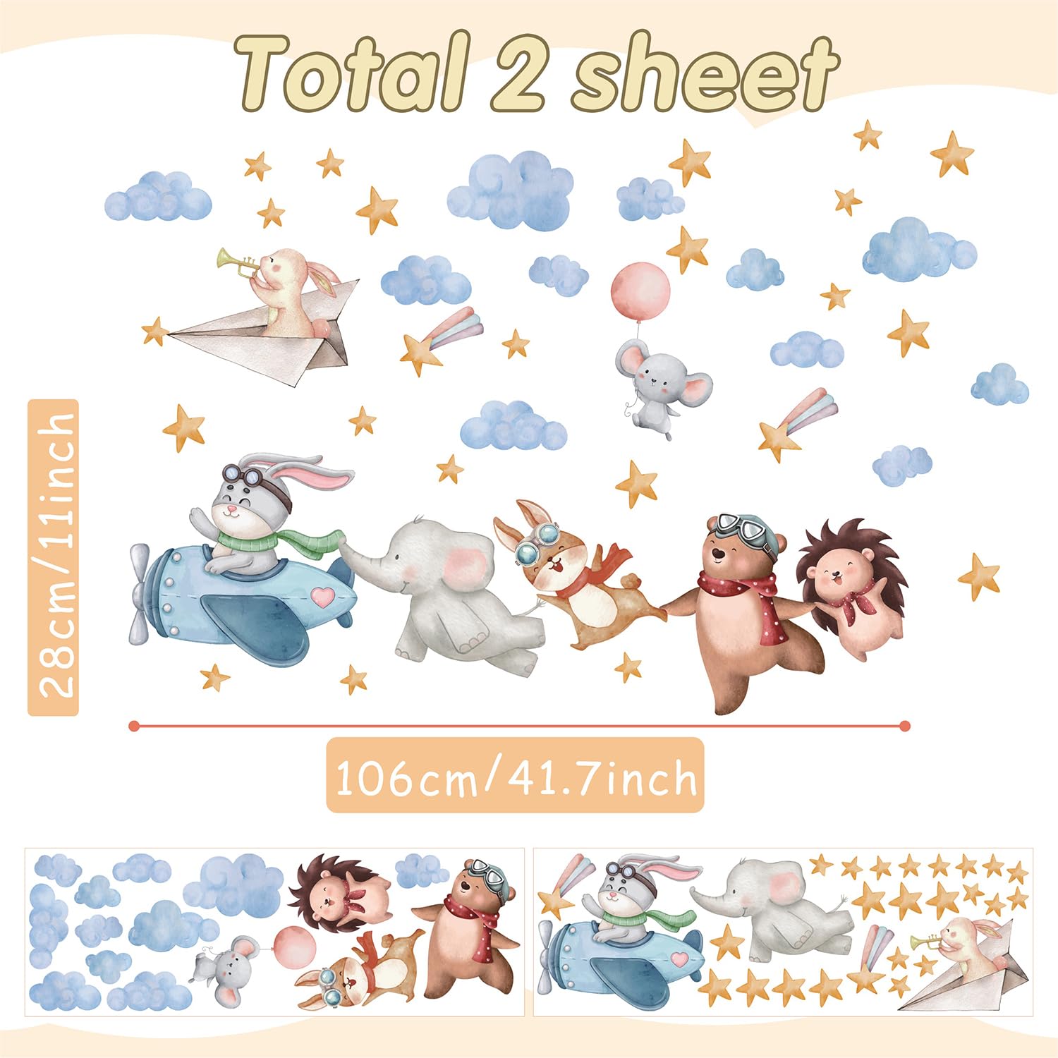 34 Adesivi Murali Per Camera Bambini - Motivi Animali, Mongolfiere, Aerei E Stelle Con Colori Chiaro - Foto 5