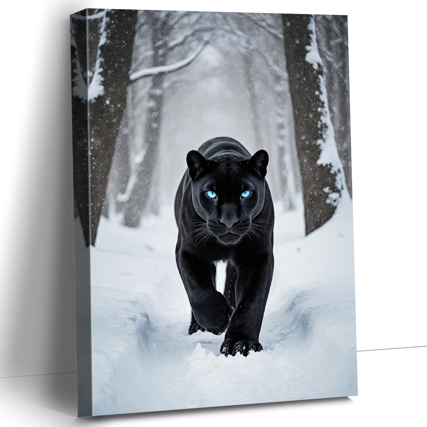 CanvasGarden Animal Canvas Wall Art, Black Panther in Snowy Forest Animal Poster Stunning Wildlife Photo with Bright Blue Eyes Winter Decor, Framed Prints for Home Decor, 24x36Inch