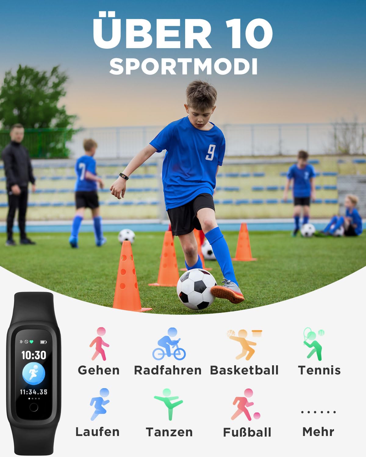 BIGGERFIVE Vigor 2 L Fitness Tracker Uhr Kinder, Fitnessuhr mit Aktivitätstracker, Schrittzähler, Pulsuhr, Schlafmonitor, Kalorienzähler, IP68 Wasserdicht Kinderuhr für Junge Mädchen, Schwarz