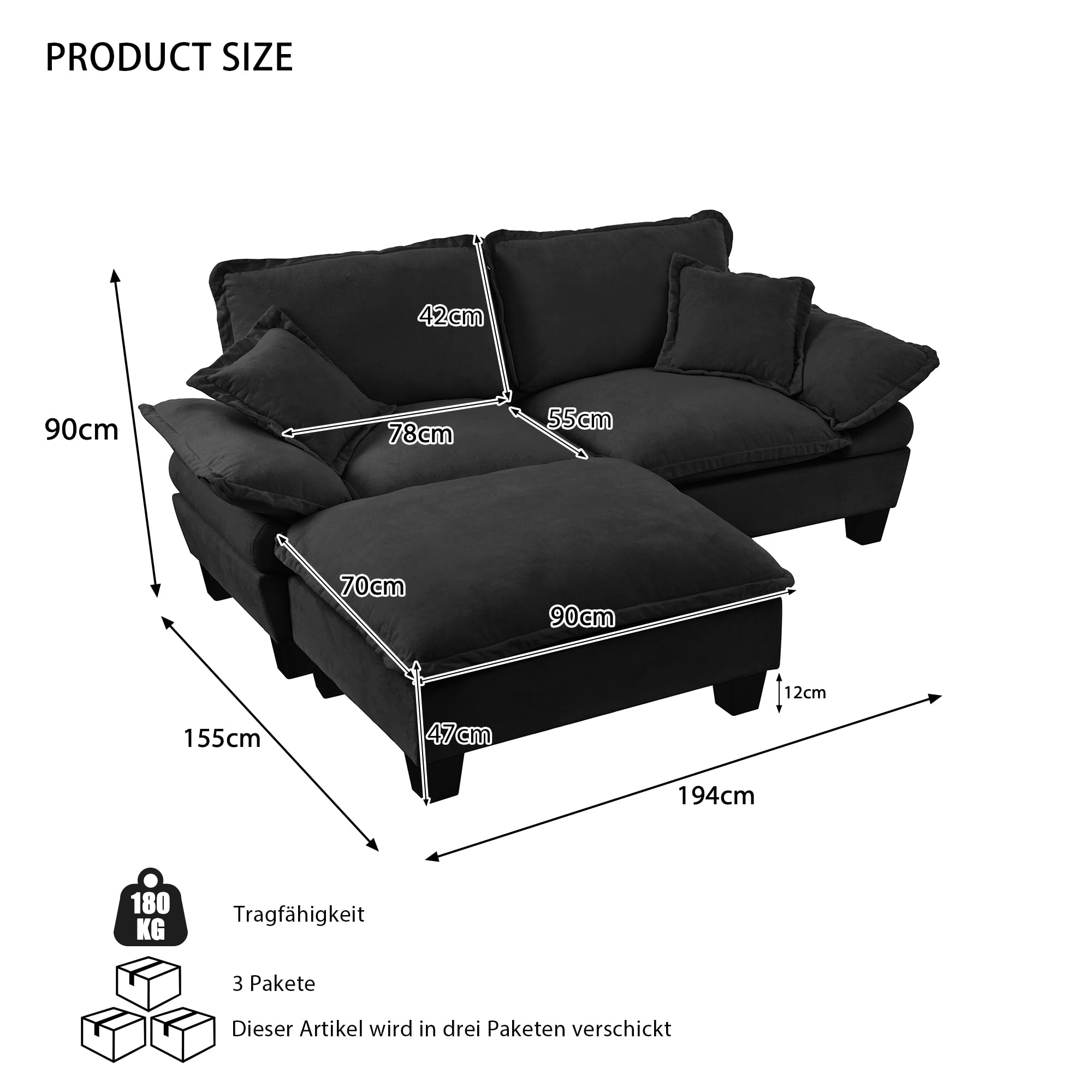 Bladez Sofá modular de 2 plazas, sofá esquinero con otomana, sofá tapizado en forma de L, para sala de estar, apartamento, muebles de salón, color negro