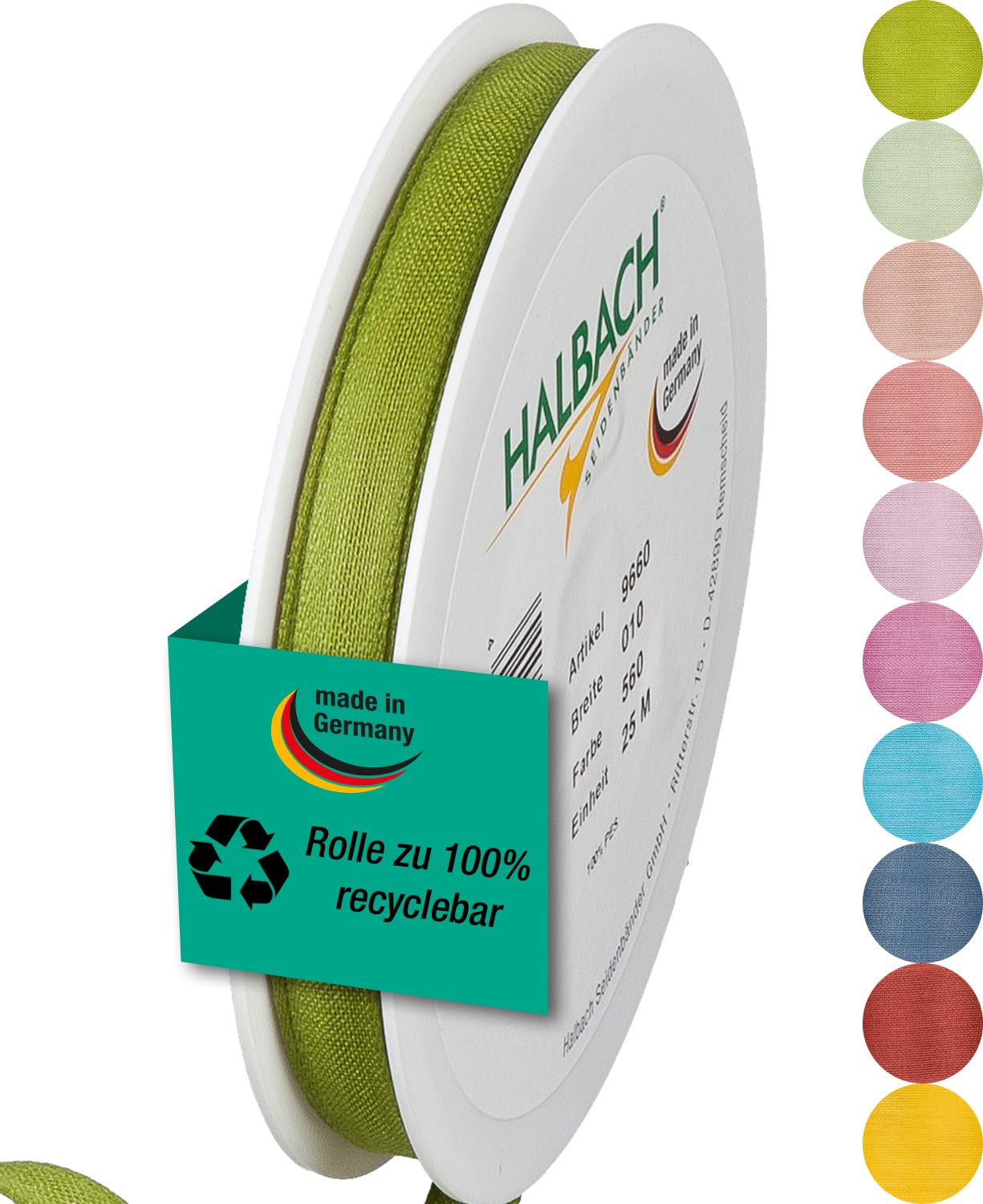 Halbach Seidenbänder Gift Ribbon Width 10 mm Length 25 m Ribbon Made in Germany Gift Ribbons in a Variety of Colours and Widths Perfect for Packaging and Decorating Colour: Green