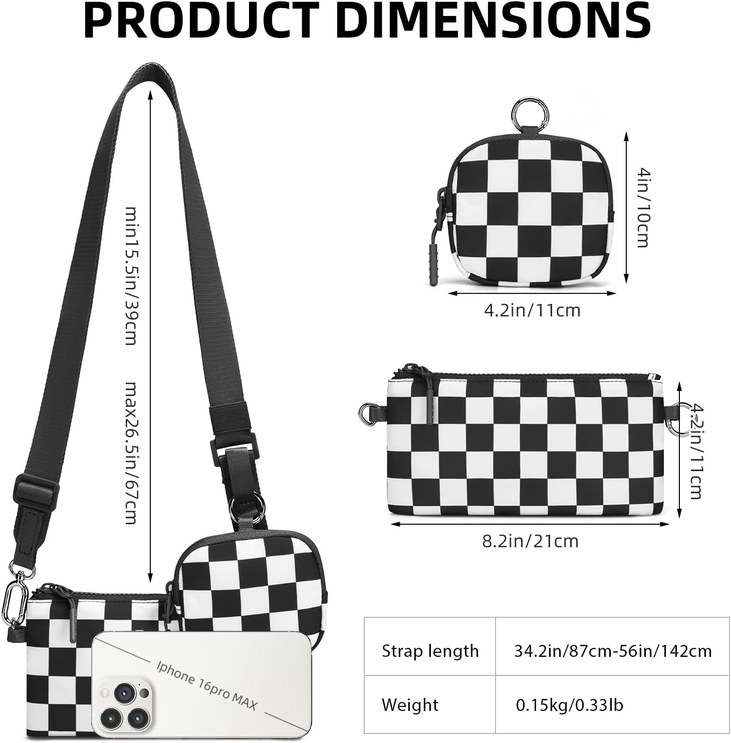 Small Checkered Dual-Pouch Sling Bag for Women Shoulder Fashion Designer Mini Crossbody Trendy Belt Purse - Image 3
