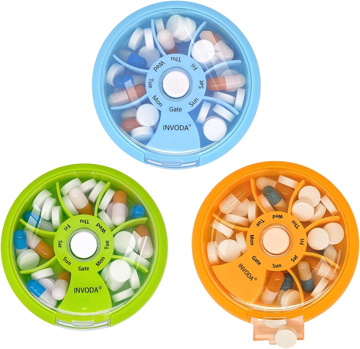 3 Piece Pill Box, Medication Organizer, 7 Days Travel Medication Organizer, Round Portable On-the-Go Morning, Noon, Evening for Vitamin Fish Oil or Supplements (Green+Sky Blue+Orange)