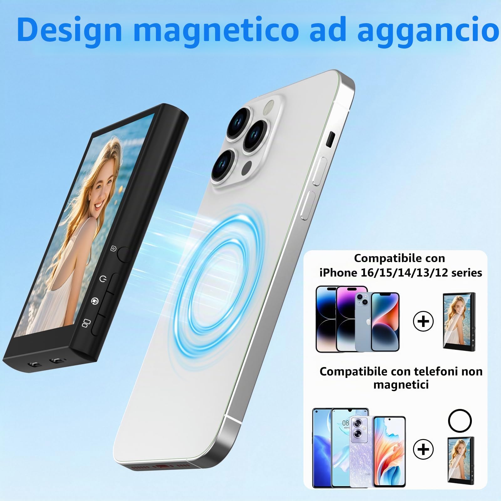 Schermo Monitor Selfie per Vlog, 1080P Schermo Selfie per iPhone & Android, Sincronizza Senza Fili la Fotocamera Posteriore con Supporto Magnetico, Telecomando Bluetooth per Vlog Live Stream TikTok
