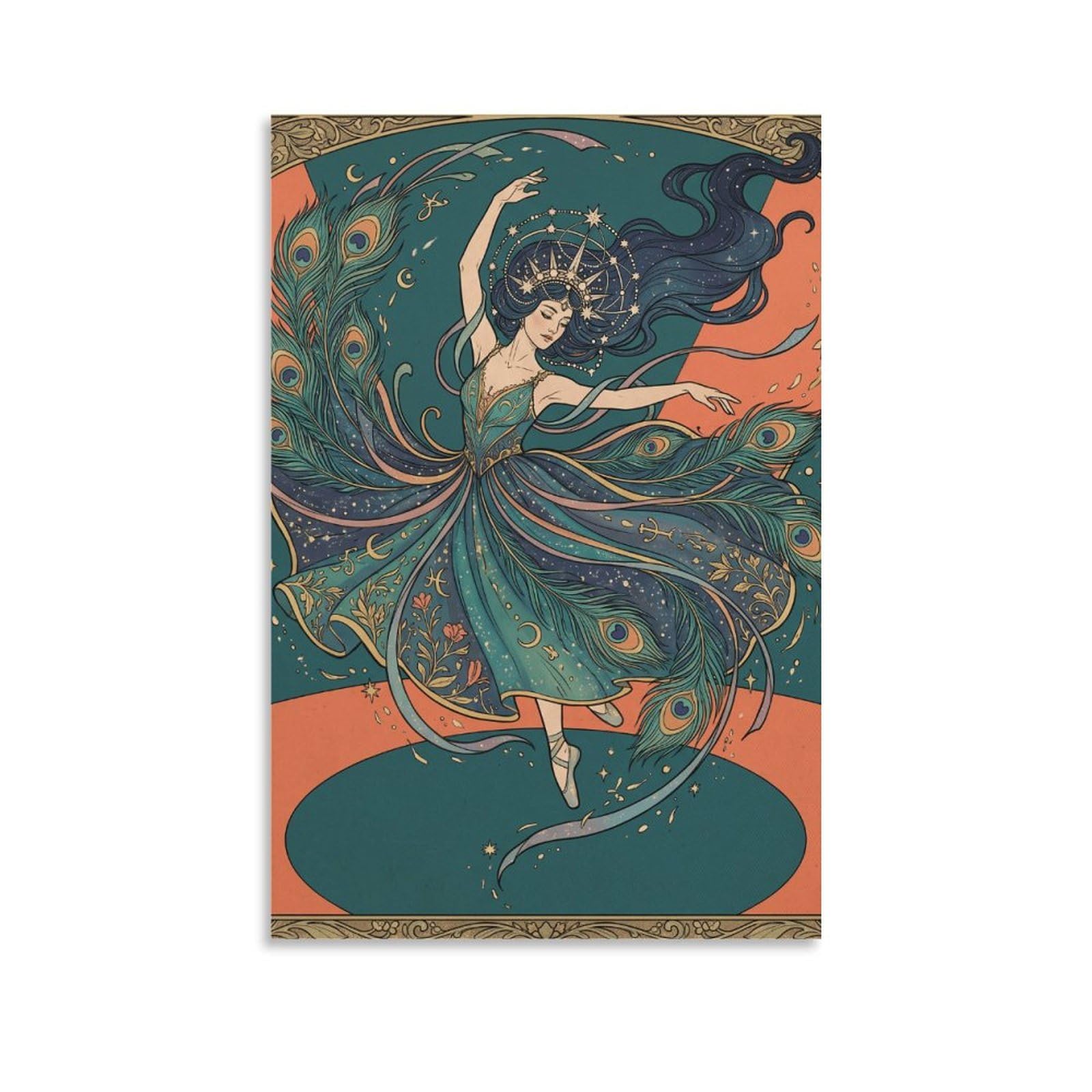 W7C8U2X3 Peacock Dancer Art Nouveau Canvas Wall Art, Decorative Bird