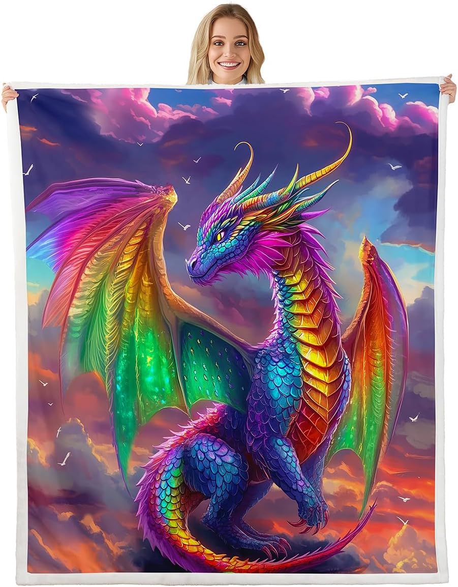 Western Dragon Kids Flannel Blanket,Cartoon Cute Wild Animal Print Fuzzy Blanket for Children,Colorful Floral Green Leaves Black Polyester Throw Blanket for Couch, Twin Size (60 x 80 Inch)