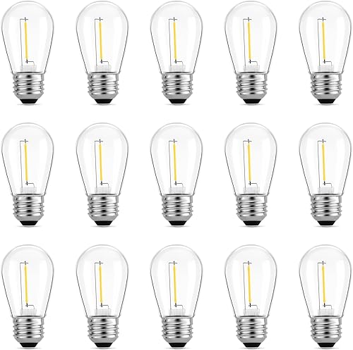 Paquete de 15 bombillas LED S14 de repuesto, Meconard, irrompibles, impermeables, de 2 W, para exteriores, base mediana E26, 2200 K, blanco cálido,