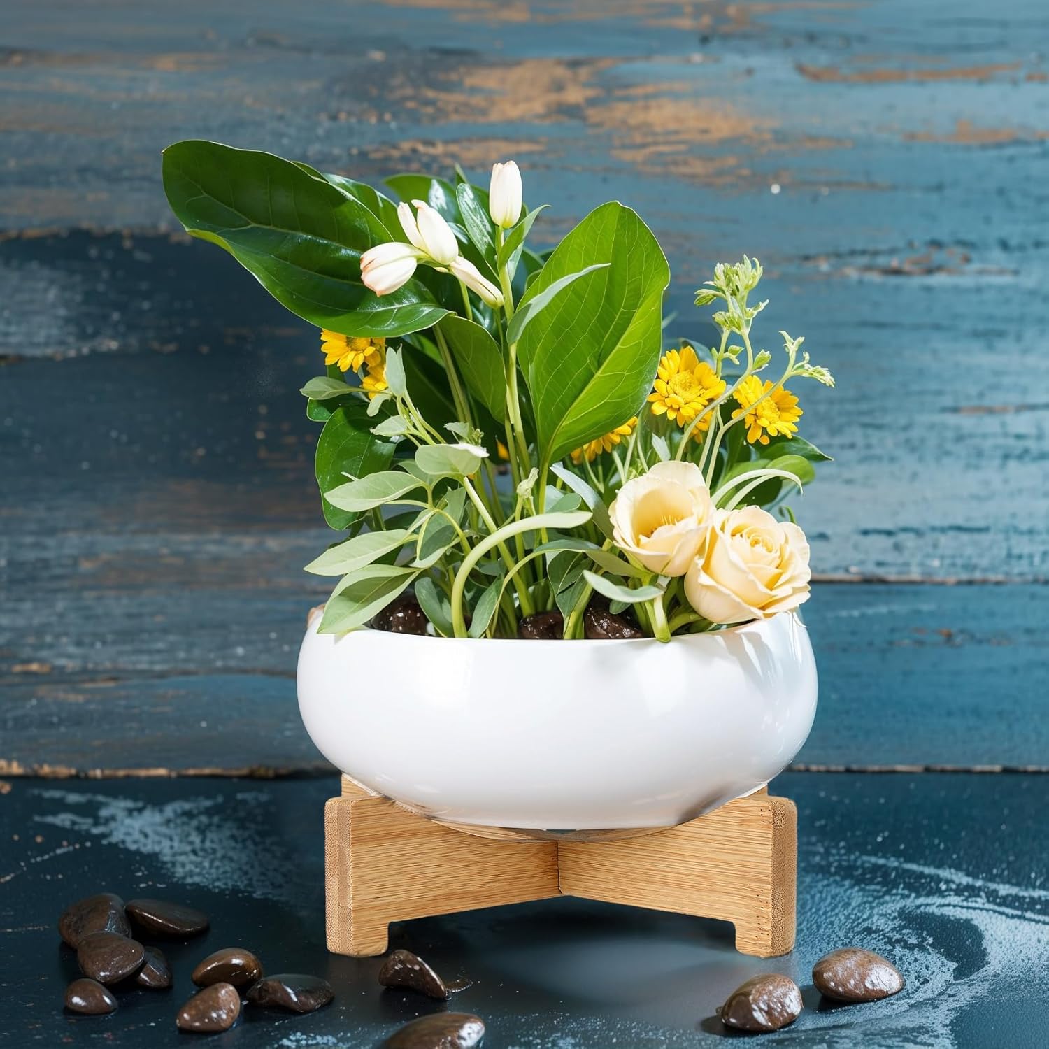 Baderke 2 Pcs Lotus Bowl Planter with Base Ceramic Hydroponic Planter Water Lily Bowl for Planting Aquatic and Indoor Plants Household Ceramic Basin Decor(White)