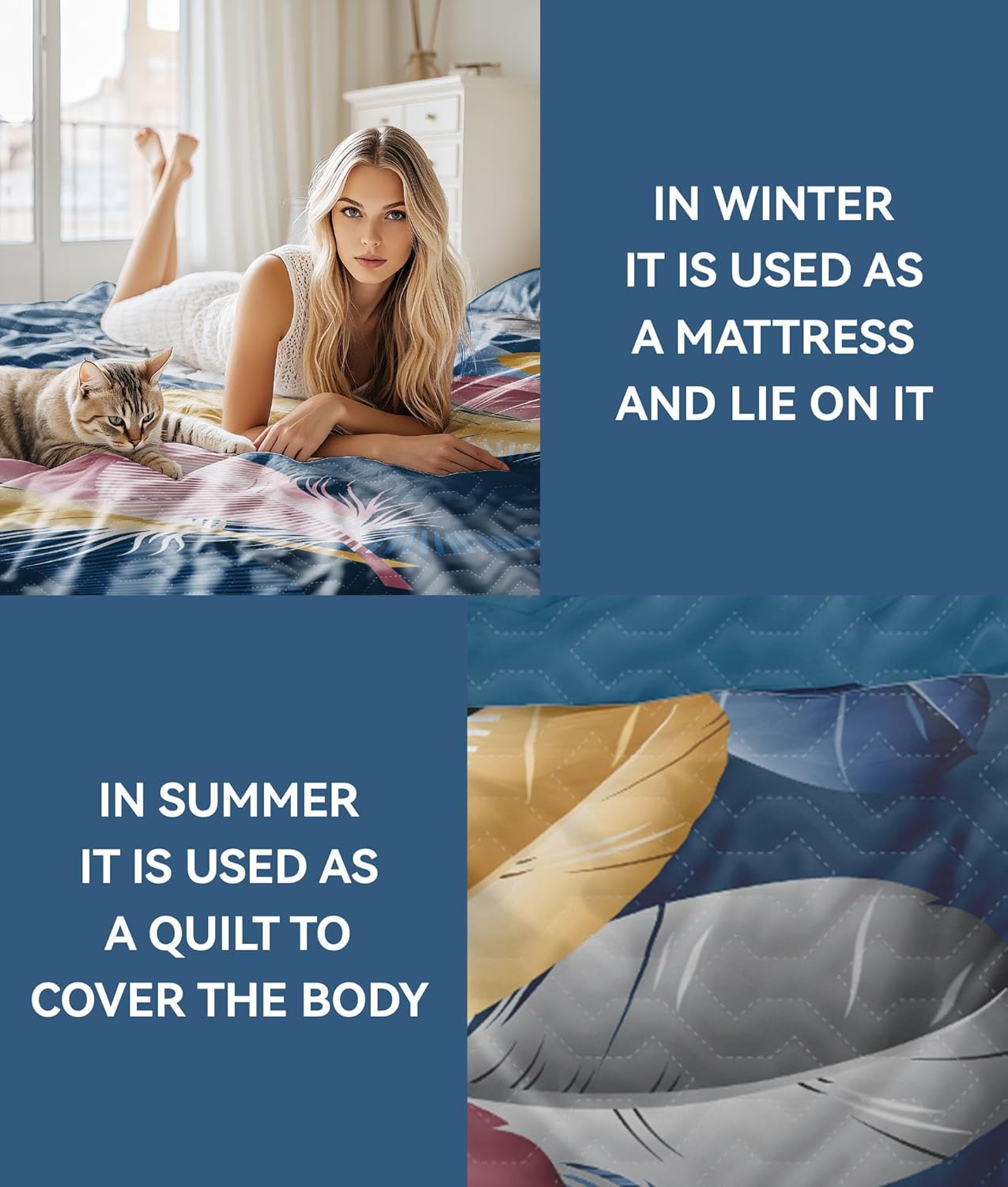9 Pcs Queen Bed in A Bag with Curtains | Blue Feather Boho Bedspread, 2 Pillowcases, 2 Print & 4 Solid Curtains | Microfiber, Silky Soft | Bedroom, Rv Decor