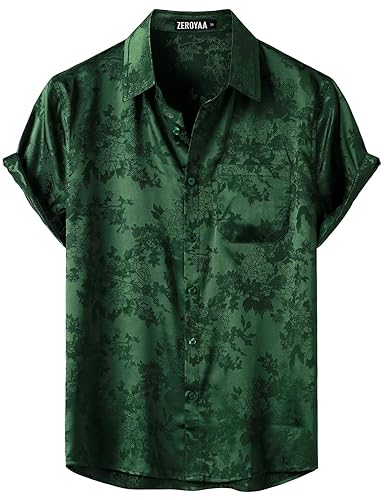 ZEROYAA Men's Shiny Luxury Silk Satin Floral Jacquard Short Sleeve Regular Fit Button Down Shirt for Party Prom - Large - Emerald Green