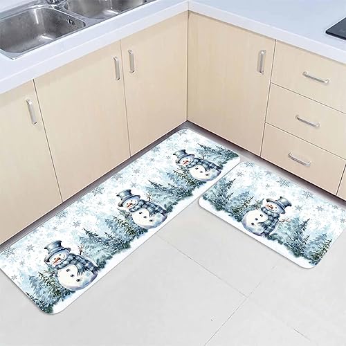 Miniatura 3 de Juego de 2 tapetes de cocina de Navidad con diseño de muñeco de nieve azul, antideslizantes, para entrada, árbol de Navidad, copo de nieve,