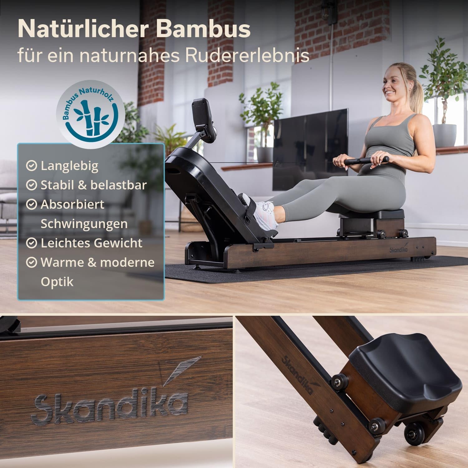 Skandika Rudergerät Rovek | Rudermaschine Holz, Rudergerät für Zuhause klappbar, Magnetwiderstand mit 32 Stufen, Kinomap App kompatibel, aufstellbar, bis 195 cm