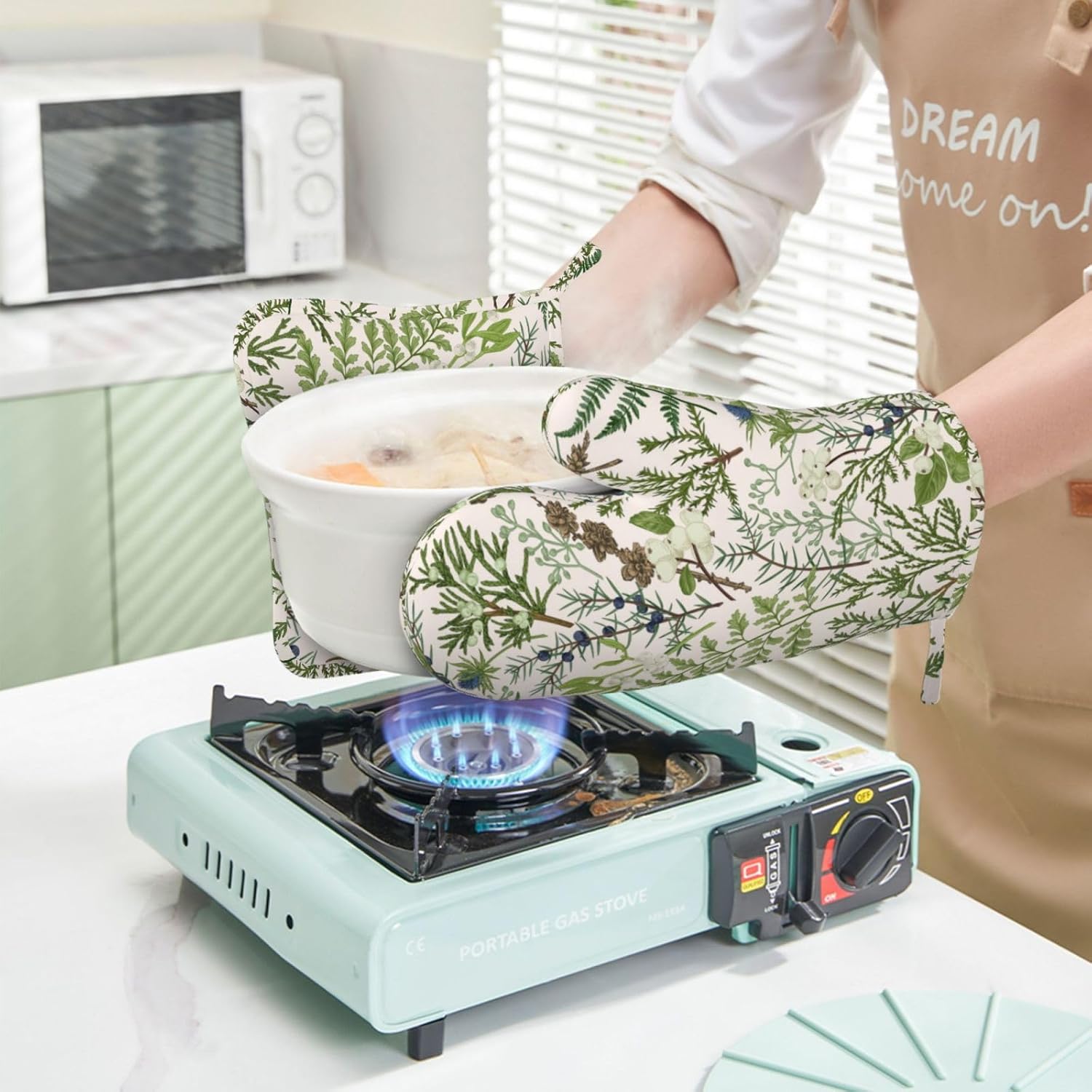 Botanical Print Oven Mitts and Pot Holders Set of 4 Silicone Vintage Floral Spring Sage Green Flower Plant Kitchen Mitten Gloves and Farmhouse Potholders Set Oven Gloves Hot Holders