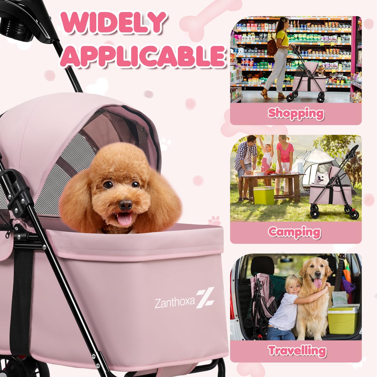 Dog Stroller, 4 Wheels Pet Stroller for Small Dogs & Cats, One-Click Foldable Cat Strollers Up to 33 Ibs with Sun Shades, Cup Holder and Breathable Mesh, Easy Assembly