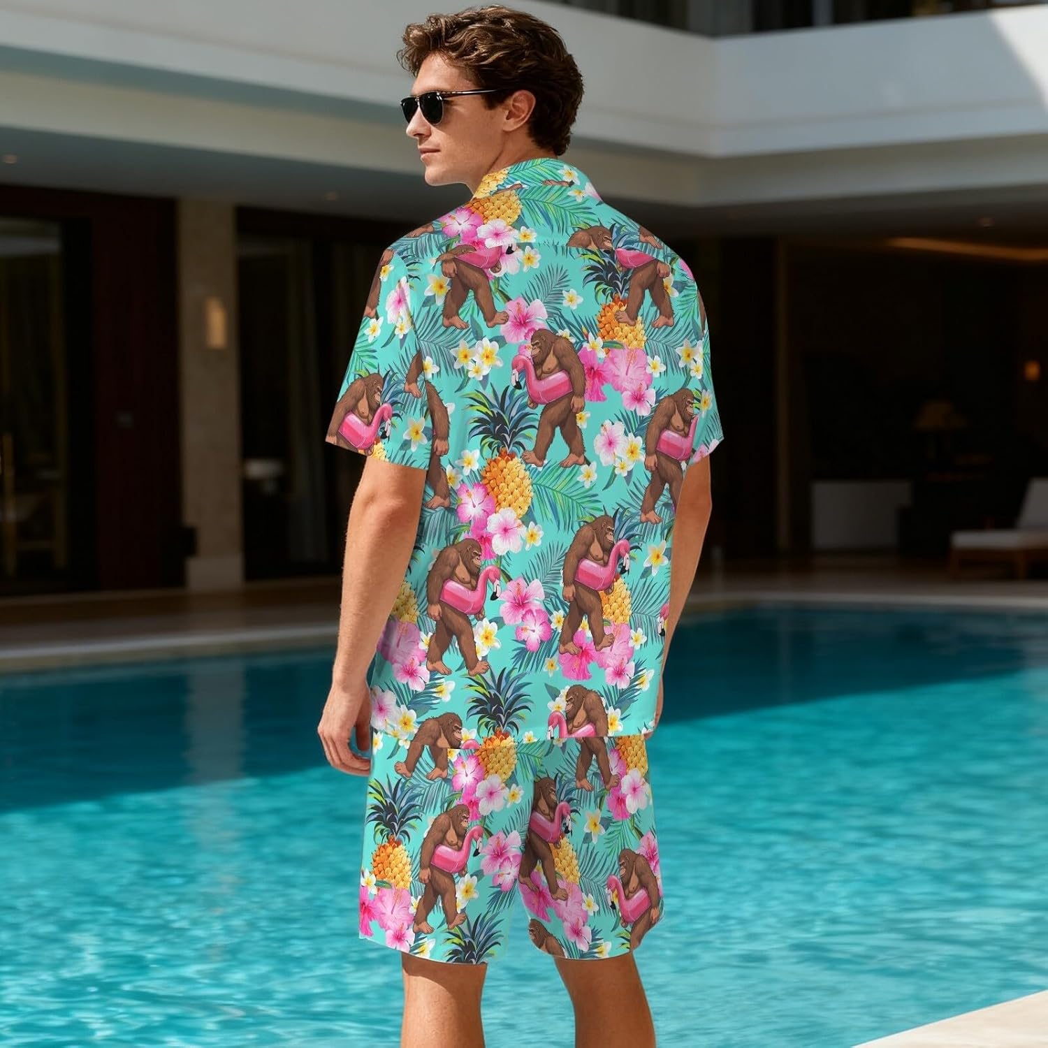 ukoyhga Rave Outfits for Men Space Neon Hawaiian Shirt Retro 90s 80s Outfit 2 Piece Sets Astronaut Disco Outfits Tracksuit