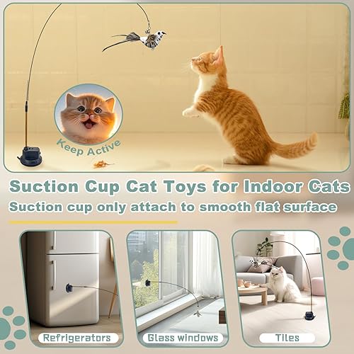 Miniatura 4 de Juguetes para gatitos 7 en 1 para gatos de interior con ventosa adhesiva lavable, juguetes interactivos para gatos, palo de vid plateada y cuerda