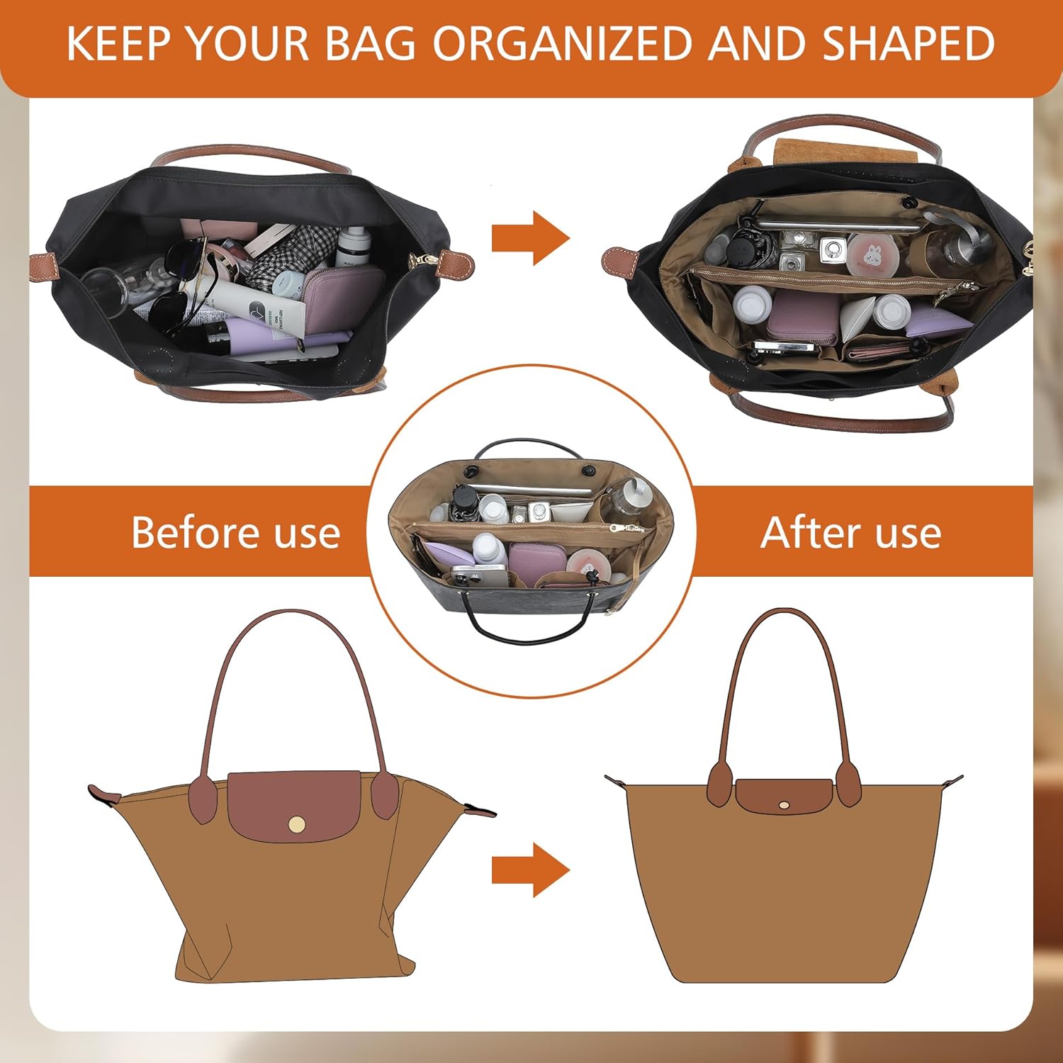 DupontPaper Purse Organizer Insert for Longchamp LePliage Large, Bag Shaper with Key Leash& 17 Compartments, Upgraded Elastic Cup Holder + Anti-Slip Middle Zipper Divider
