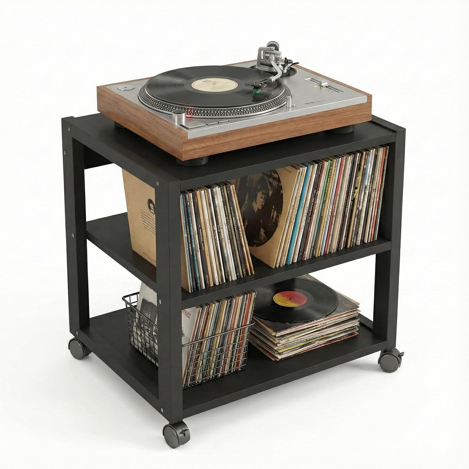 Mobile Hi-Fi Rack Audio con Ruote, Supporto Robusto a 3 Ripiani per Amplificatore, Giradischi e Stereo, Scaffale Porta Elettroniche in Metallo e Legno, Nero