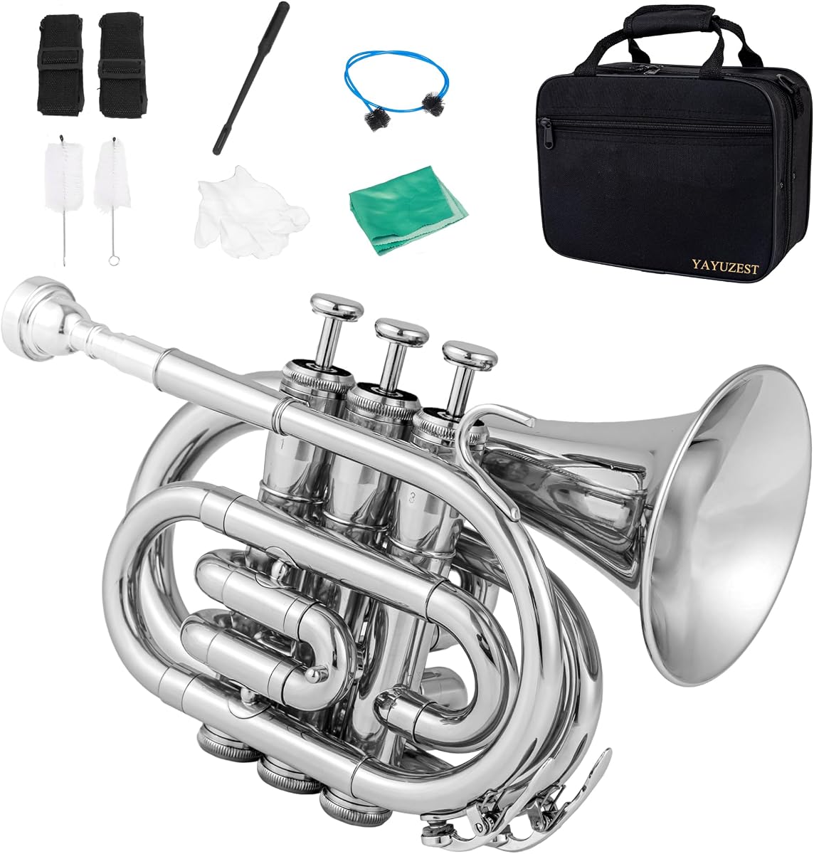YAYUZEST Trompeta de bolsillo B Mini trompeta Bb de latón plano para estudiantes principiantes | Trompeta de bolsillo con boquilla 7C, kit de limpieza, estuche de transporte y guantes blancos para orquesta de banda escolar de músicos