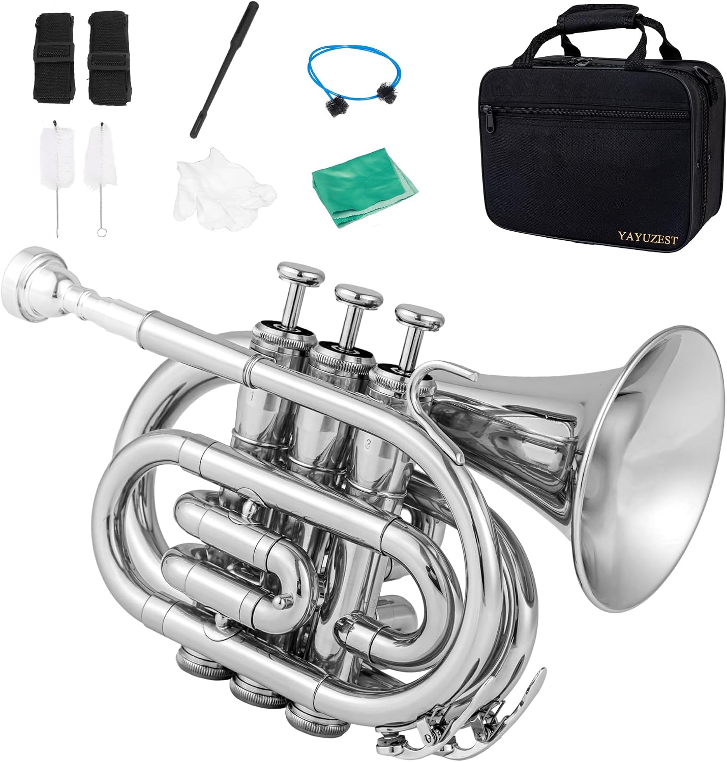 YAYUZEST Pocket Trumpet B Flat Brass Bb Pocket Trumpet with Mouthpiece 7C, Cleaning Cloth, Hard Case, Gloves (Nickel)