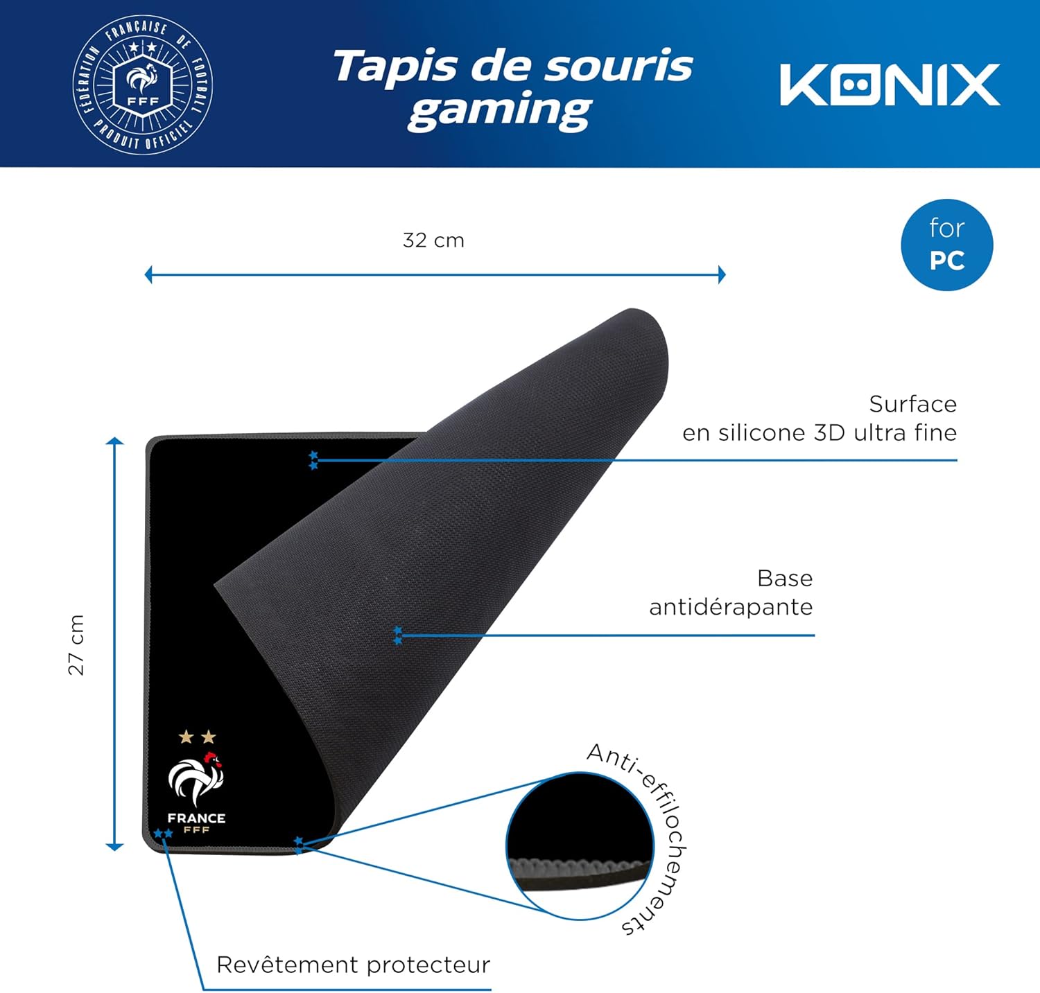 Diagram showing Konix FFF Gaming Mouse Mat dimensions and features