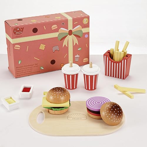 Miniatura 8 de Juguete de madera para niños, accesorios de cocina para niños pequeños, juego de madera para hamburguesas de comida rápida, juguetes educativos,