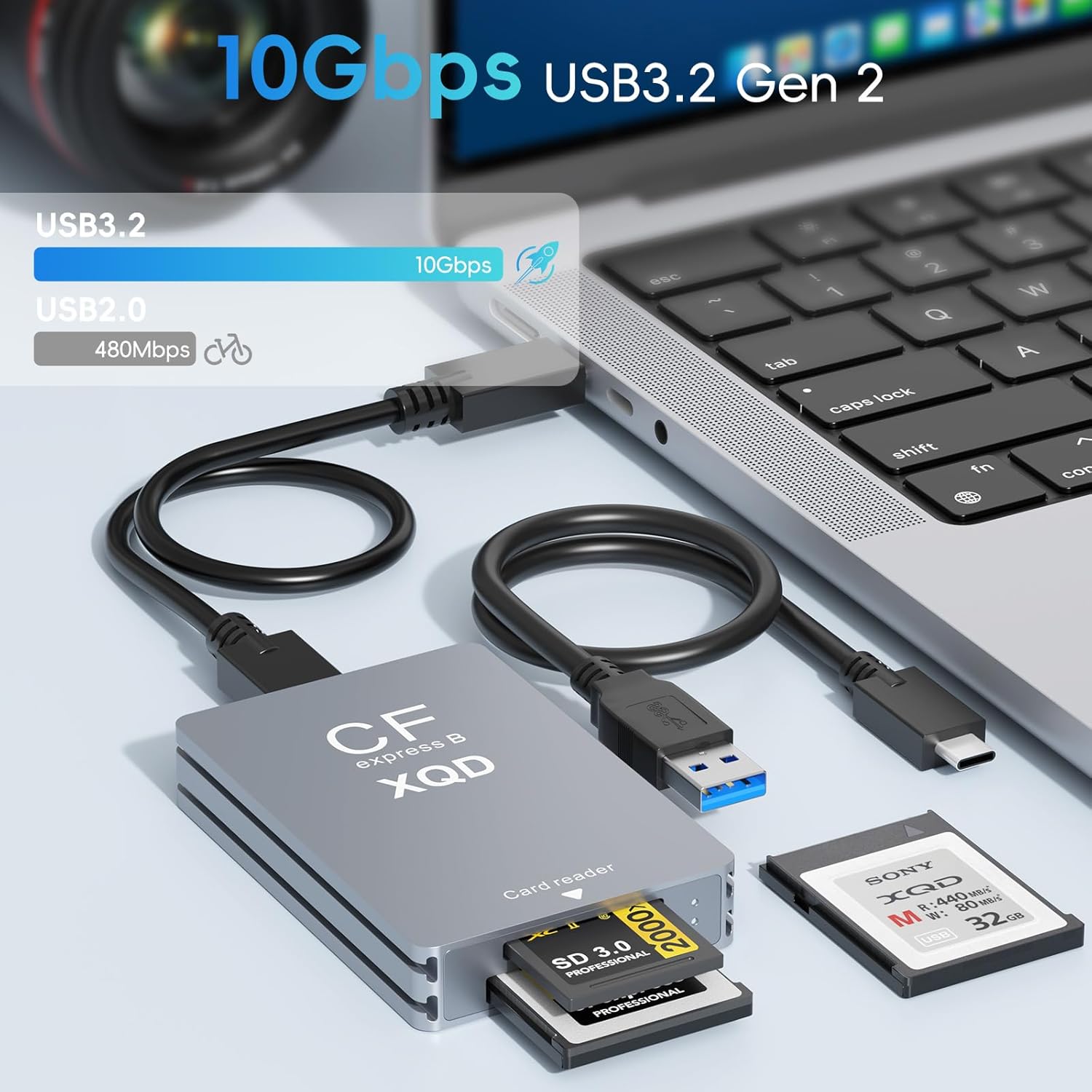 10Gbps CFexpress/XQD/SD Cards Reader 3-in-1 CFexpress Type B Card Readers Adapter XQD/SD Memory Card Reader USB 3.2 Gen 2 Support for Thunderbolt 3/4 Port for Professional Filmmakers Content Creators