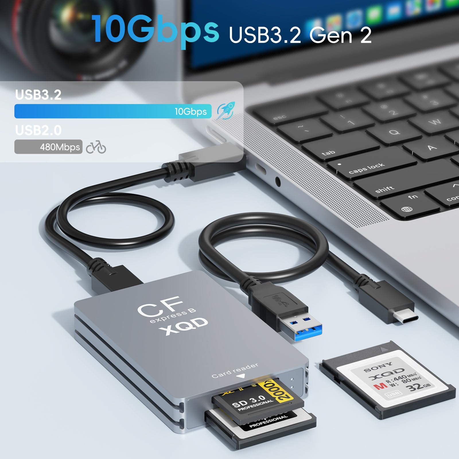 CFexpress Kaartlezer, type B, SD-kaartlezer, USB 3.2 Gen 2, 10 Gbit/s, Thunderbolt 3-poorten, draagbare aluminium geheugenkaartadapter voor Android/Windows/Mac OS/Linux