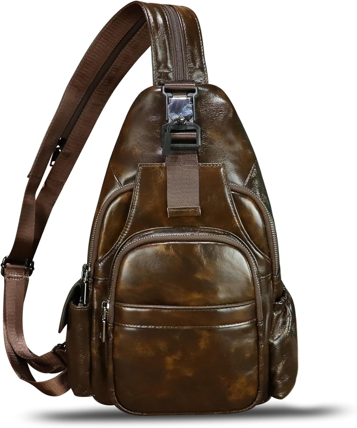 LRTO Genuine Leather Sling Bag for Men and Women Handmade Sling Backpack Purse Chest Over Shoulder Crossbody Bag Large Capacity (Coffee) - Image 3