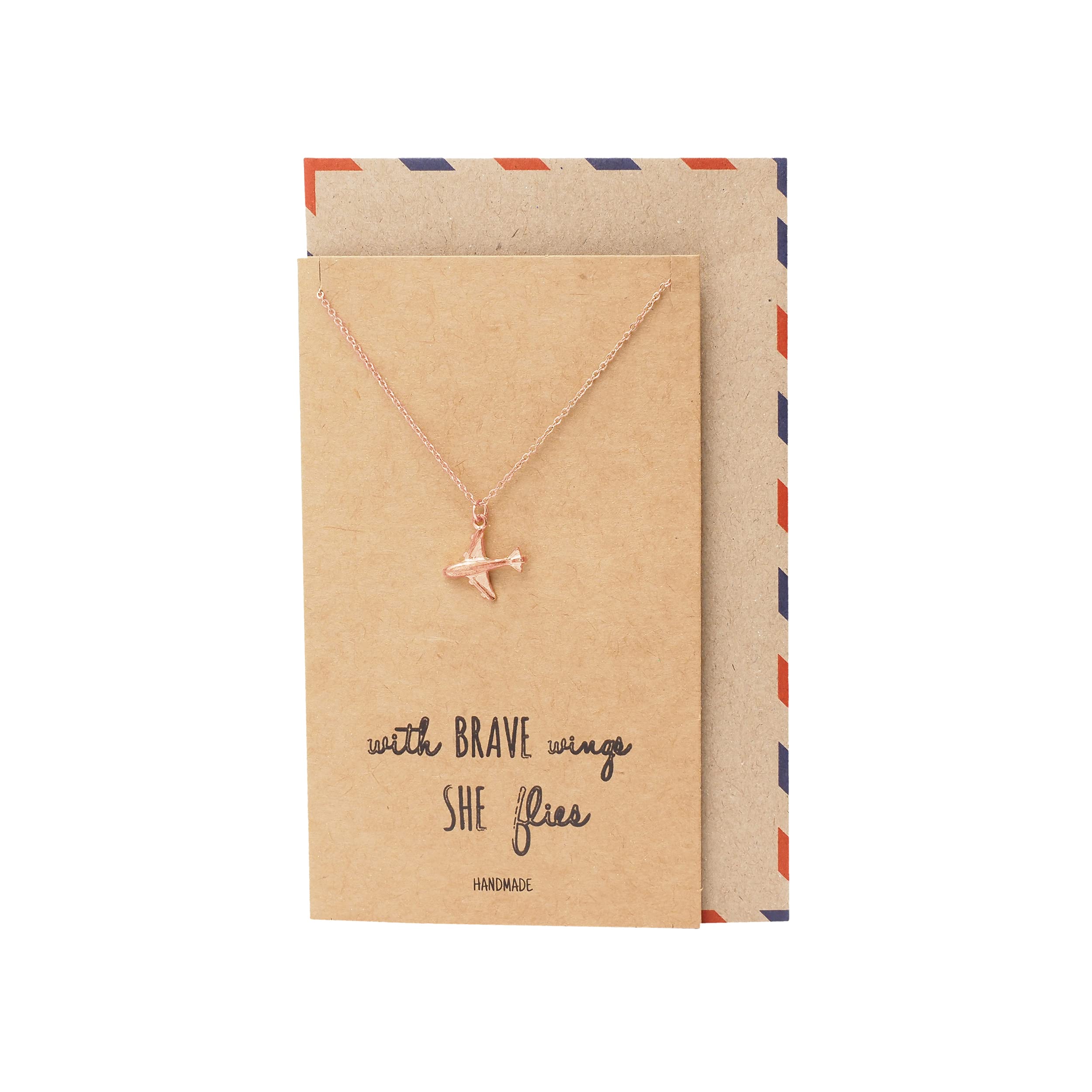 quan jewelry Airplane Pendant Necklace for Women, Comes with Inspirational Quote, Rose Gold Tone