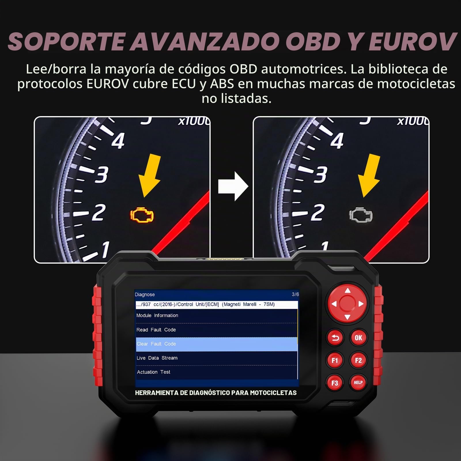 Herramienta de Diagnóstico para Motocicletas M7, Lector de Códigos OBDII para Moto Sistema ABS con Escaneo Automático y Detección Instantánea de Vin para 70+ Marcas 100+ Funciones de Servicio