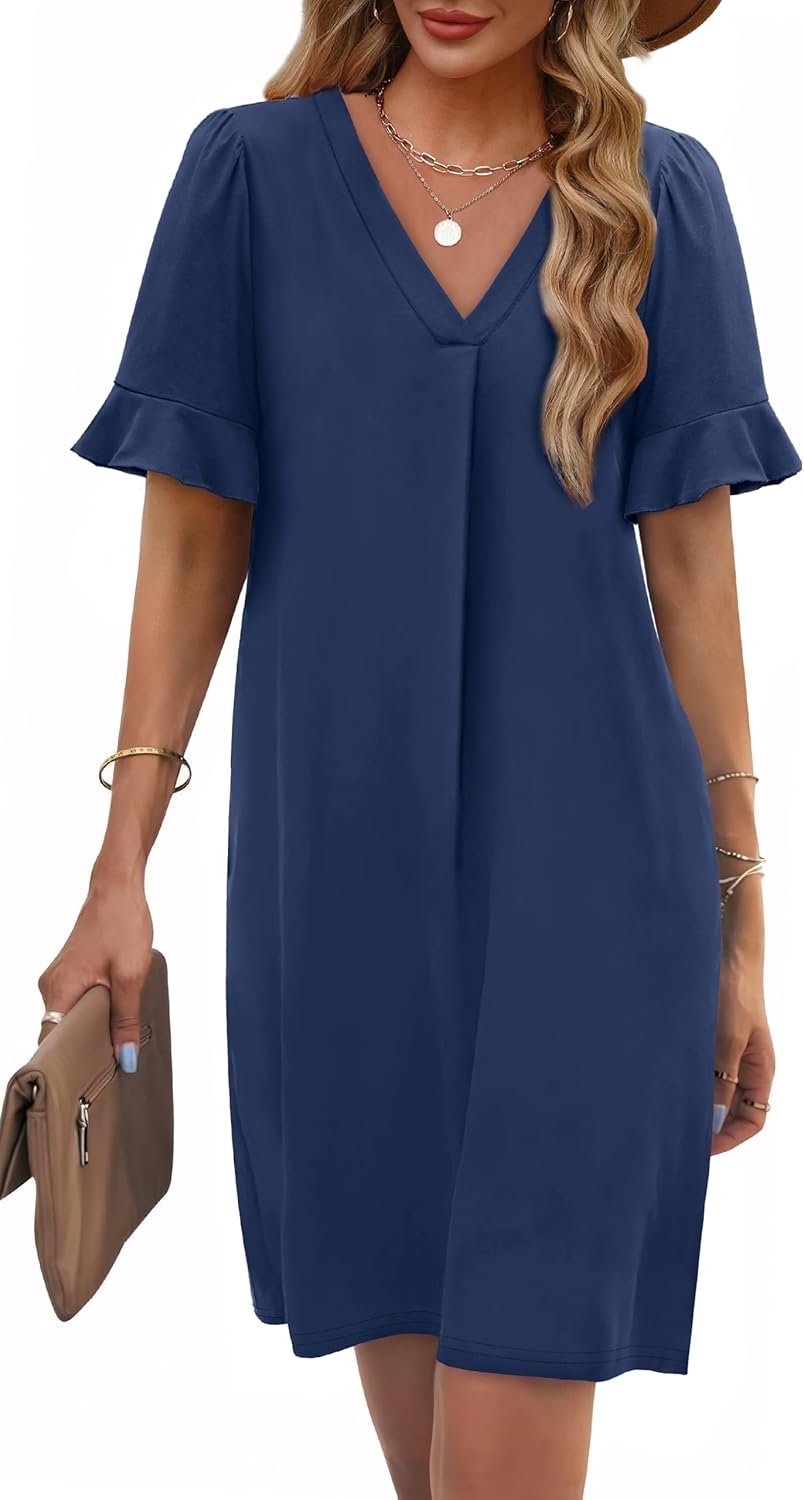 OFEEFAN Summer Dresses for Women Ruffle Short Sleeve V Neck Casual Shift Dress with Pockets - Image 2