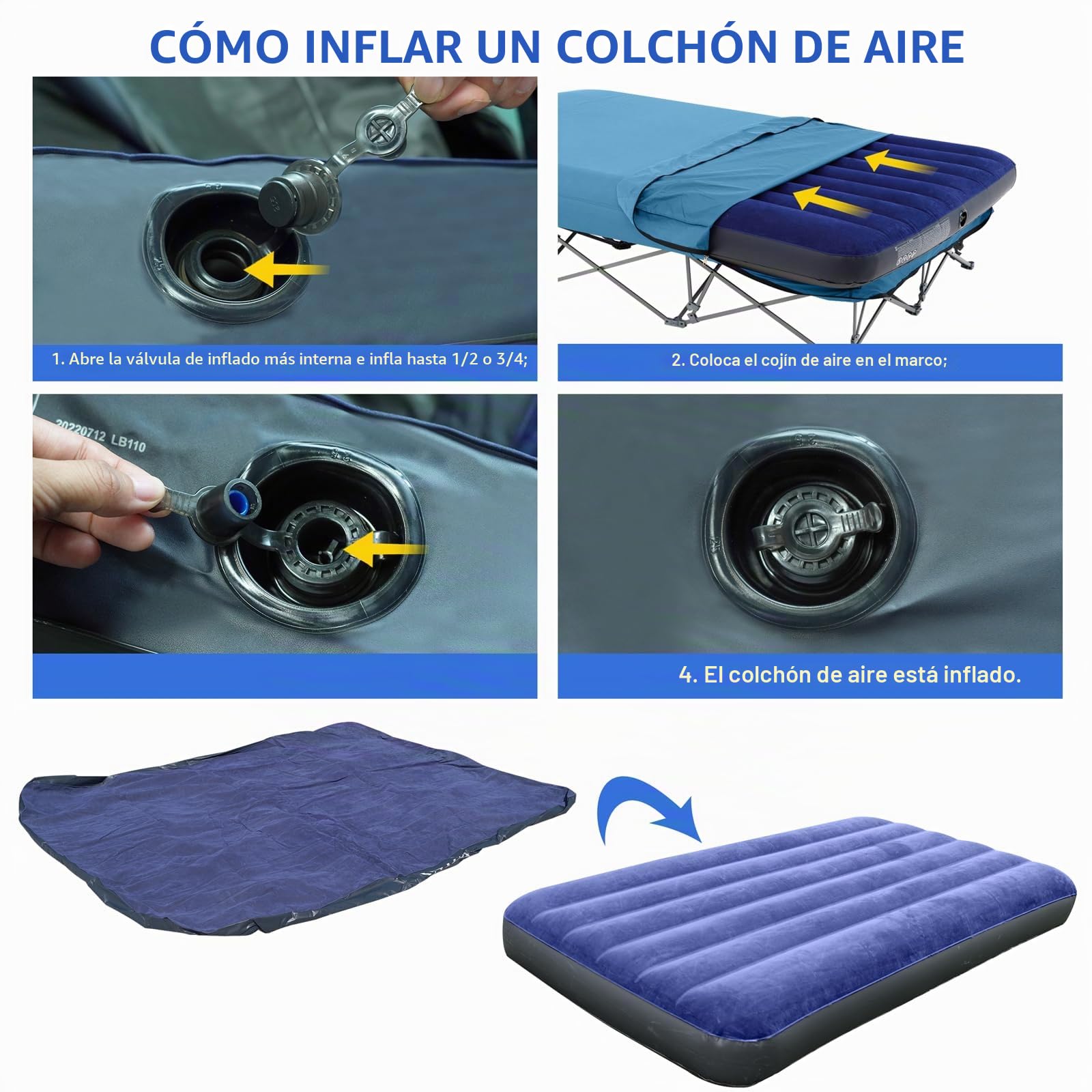 KAMPKEEPER Cama de Camping, Camas de Camping para Adultos, Cama Plegable con colchón Hinchable y Bolsa de Transporte, No Incluye Bomba de Aire (Azul, 2 Personas)