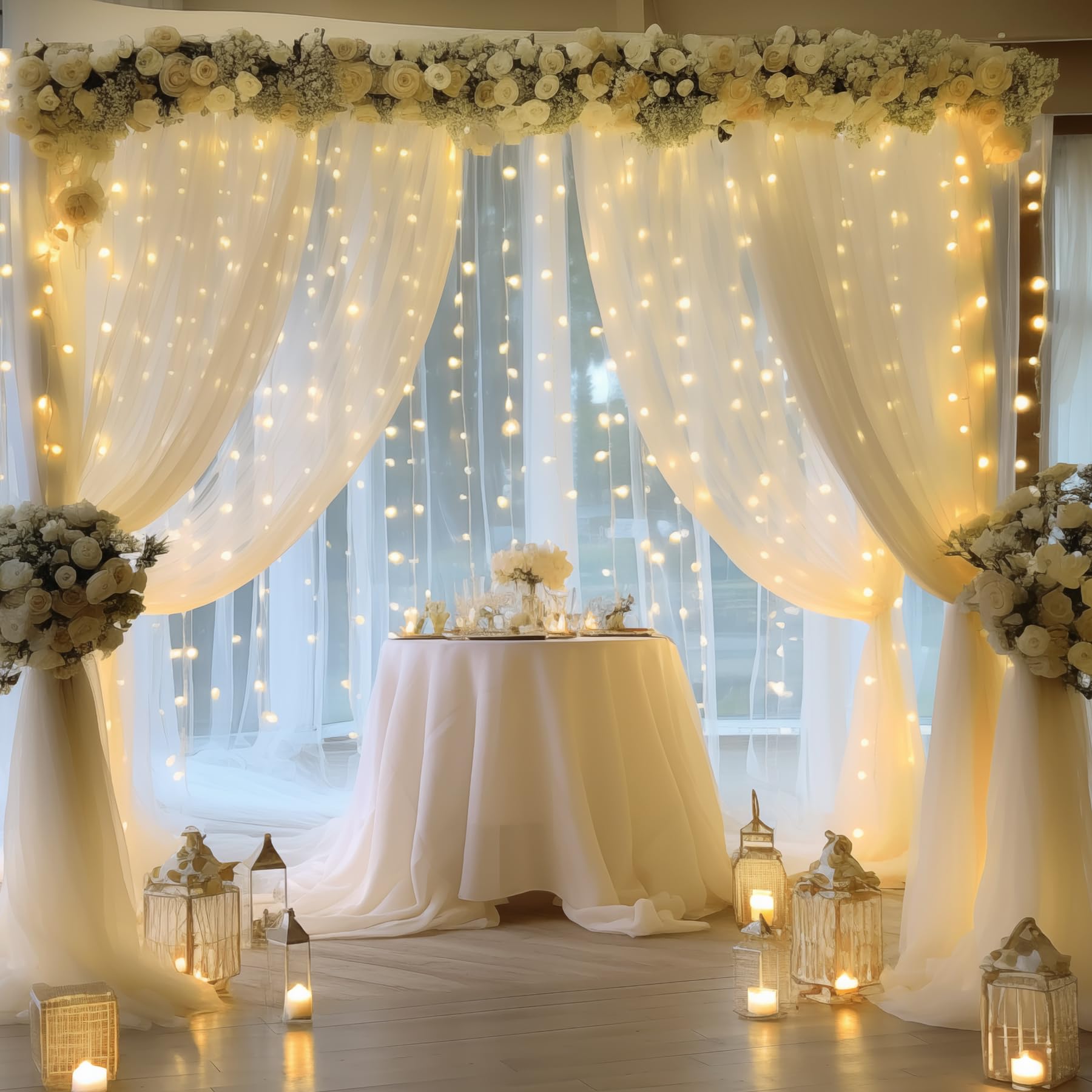 Vorhang, Tüll, mit Lichterkette, durchsichtig, für Hochzeiten, Partys, Heimdekorationen, 6 x 3 m, cremeweiß