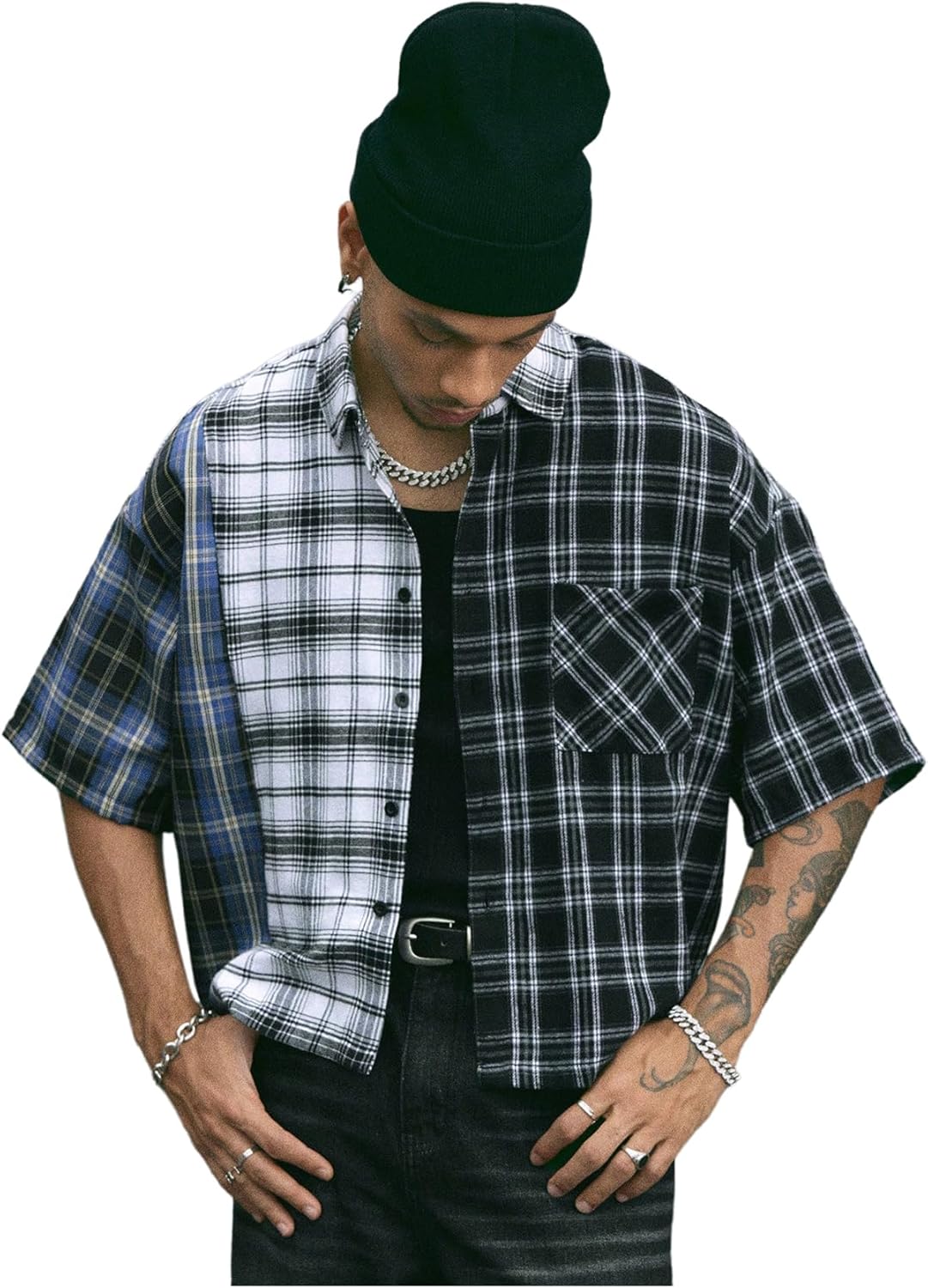 Verdusa Men's Plaid Checkered Cropped Shirt Drop Shoulder Short Sleeve Boxy Vacation Crop Tops Streetwear
