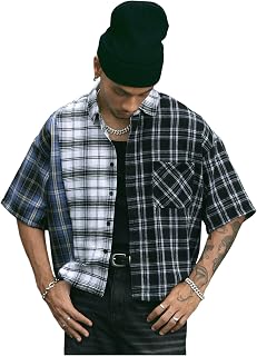 Verdusa Men's Plaid Cropped Shirt Y2K Button Up Grunge Boxy Tops Streetwear