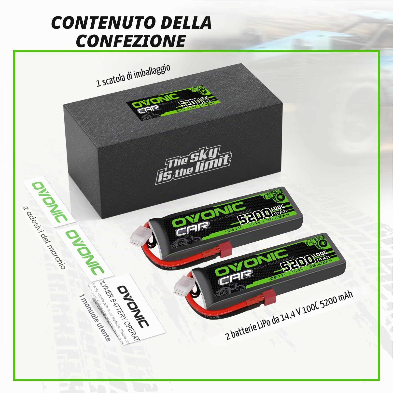 OVONIC 2s Batterie Lipo 5200mAh 100C 7.4V Custodia Morbida con Connettore per RC Elicottero RC Auto Camion Barca Hobby (2 pezzi)
