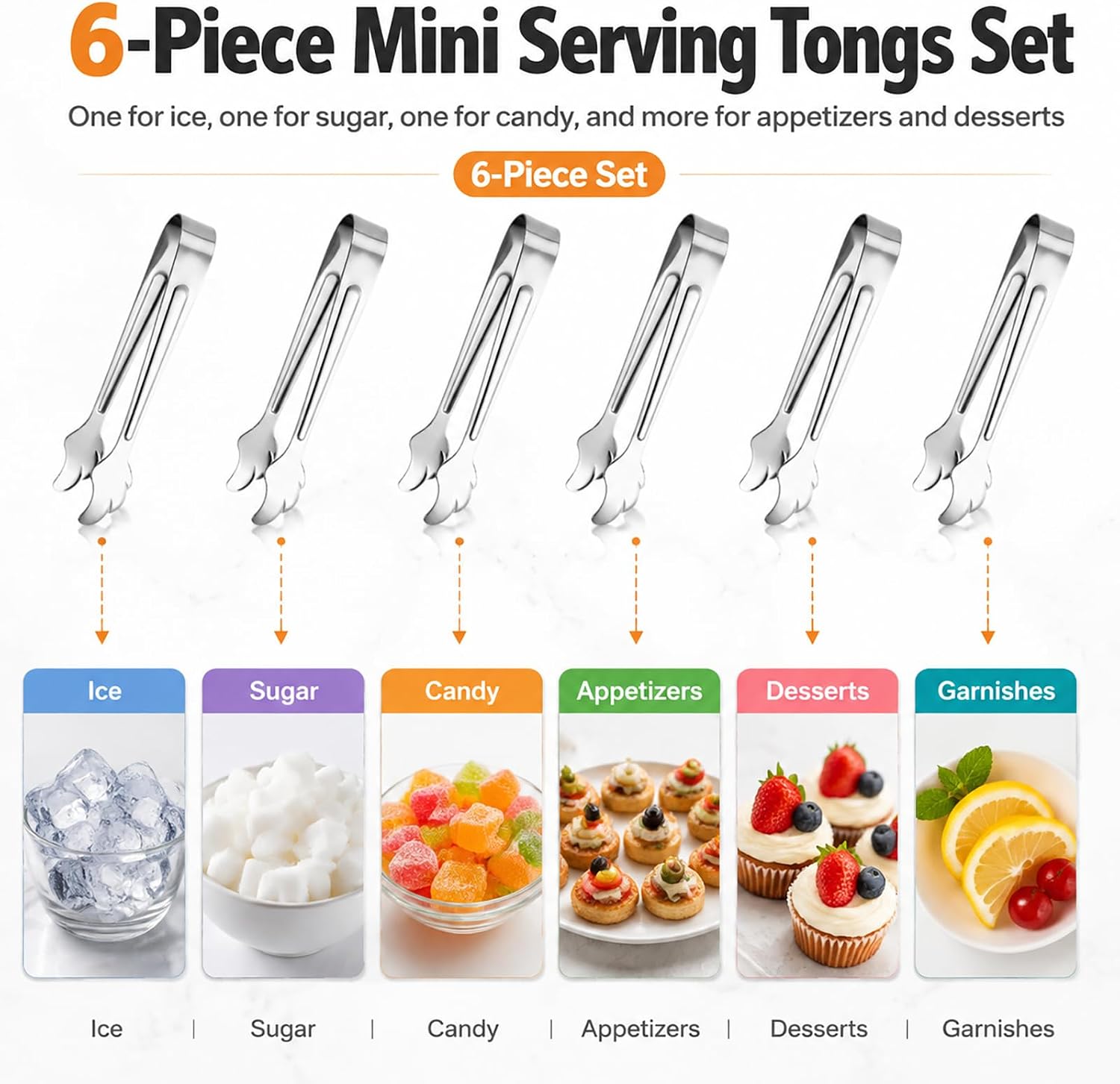 6-Piece Stainless Steel Ice Tongs Set, 4.33" Mini Serving Tongs for Ice