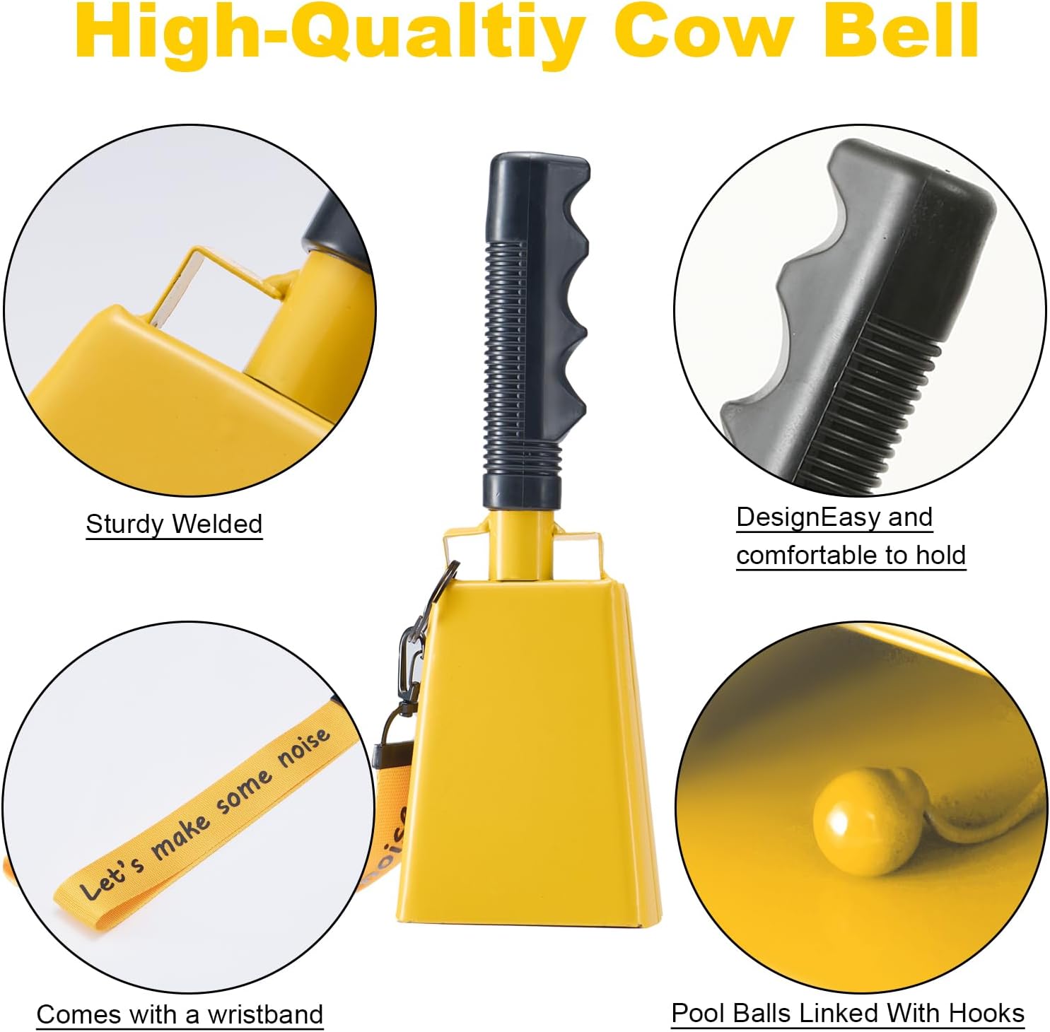 Cow Bells with Wrist Strap - Cowbell with Handle 2pcs, Customizable Cowbells for Sporting Events, for Football Games,Chimes, Percussion, Musical Instruments, Call Bell, Farm Ranch (yellow)